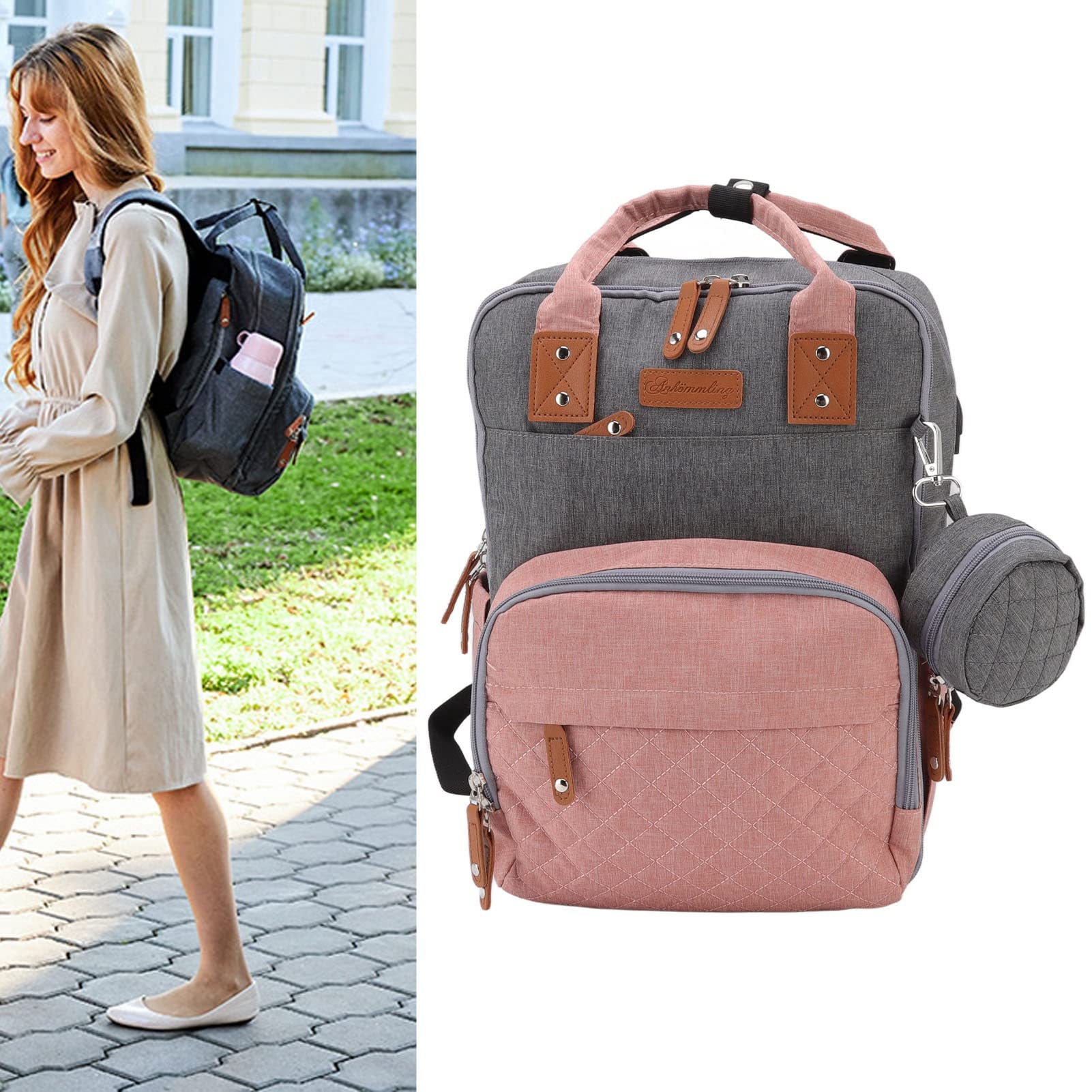 Wickeltaschen-Rucksack für Mama, bestickte Wickeltasche mit Kinderwagen-Aufhängung, 20 l großer Babyrucksack, Wasser-Oxford-Gewebe, USB-Ladeanschluss und isolierter Flaschenhalter