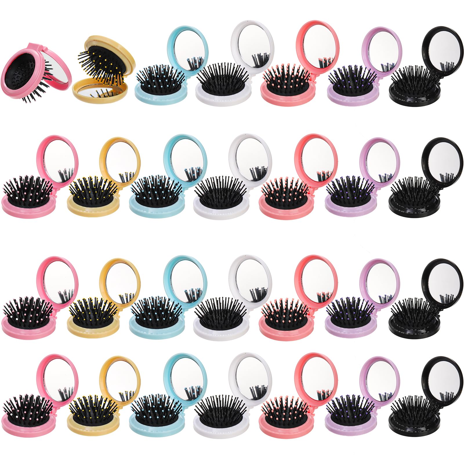 Lawei 28 Pack Folding Travel Hair Brushes with Mirror, Round Mirror Portable Pocket Hair Brush, Mini Mirror with Hairbrush for Purse, Colourful Hair Comb Compact Hair Massage Comb for Women Girls