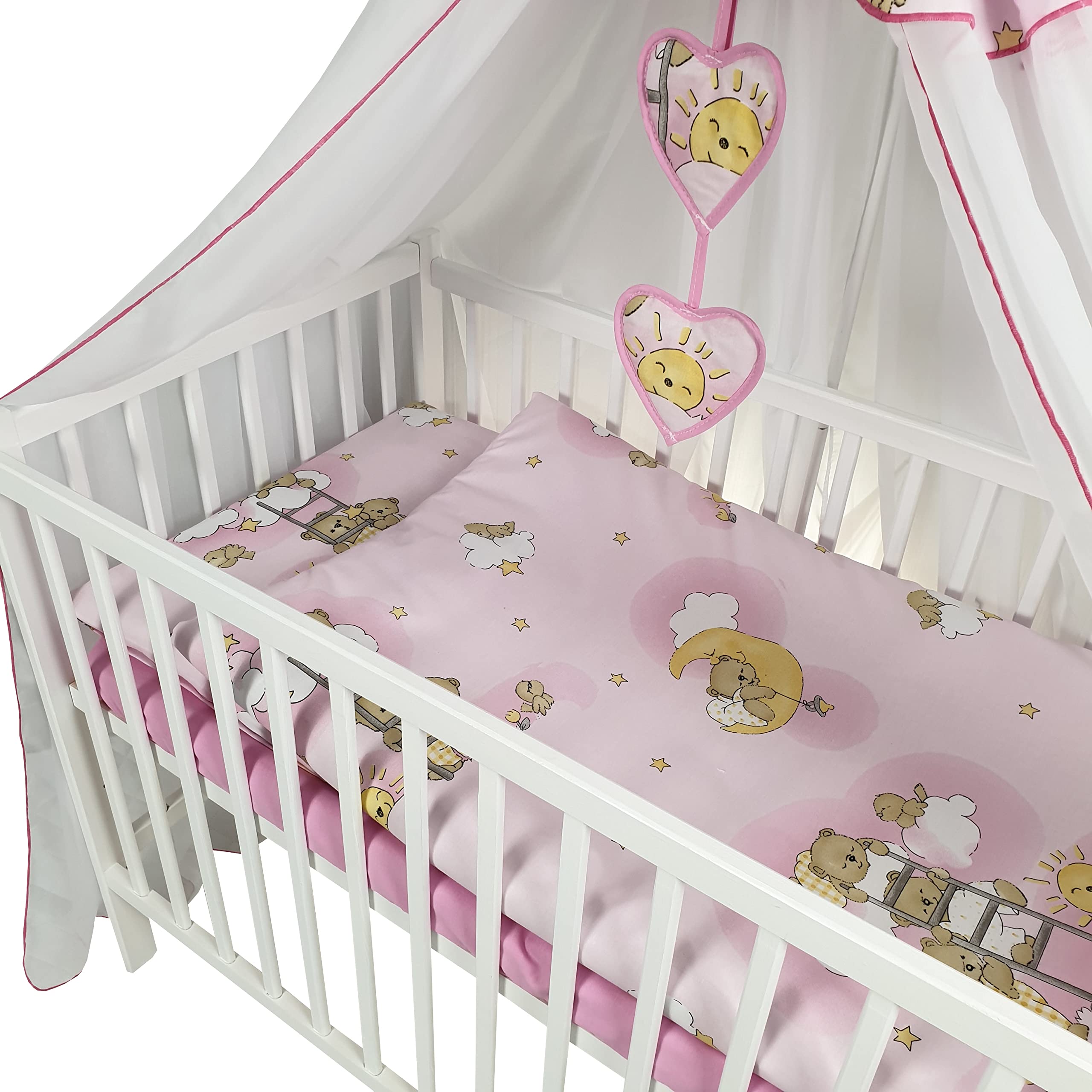 16 Teiliges Babybett Kinderbett und Bettwäsche komplett Set Happy höhenverstellbar für Neugeborene Babys und Kleinkinder aus Massivholz in fantastischen Farben (Rosa Teddybär auf Leiter)