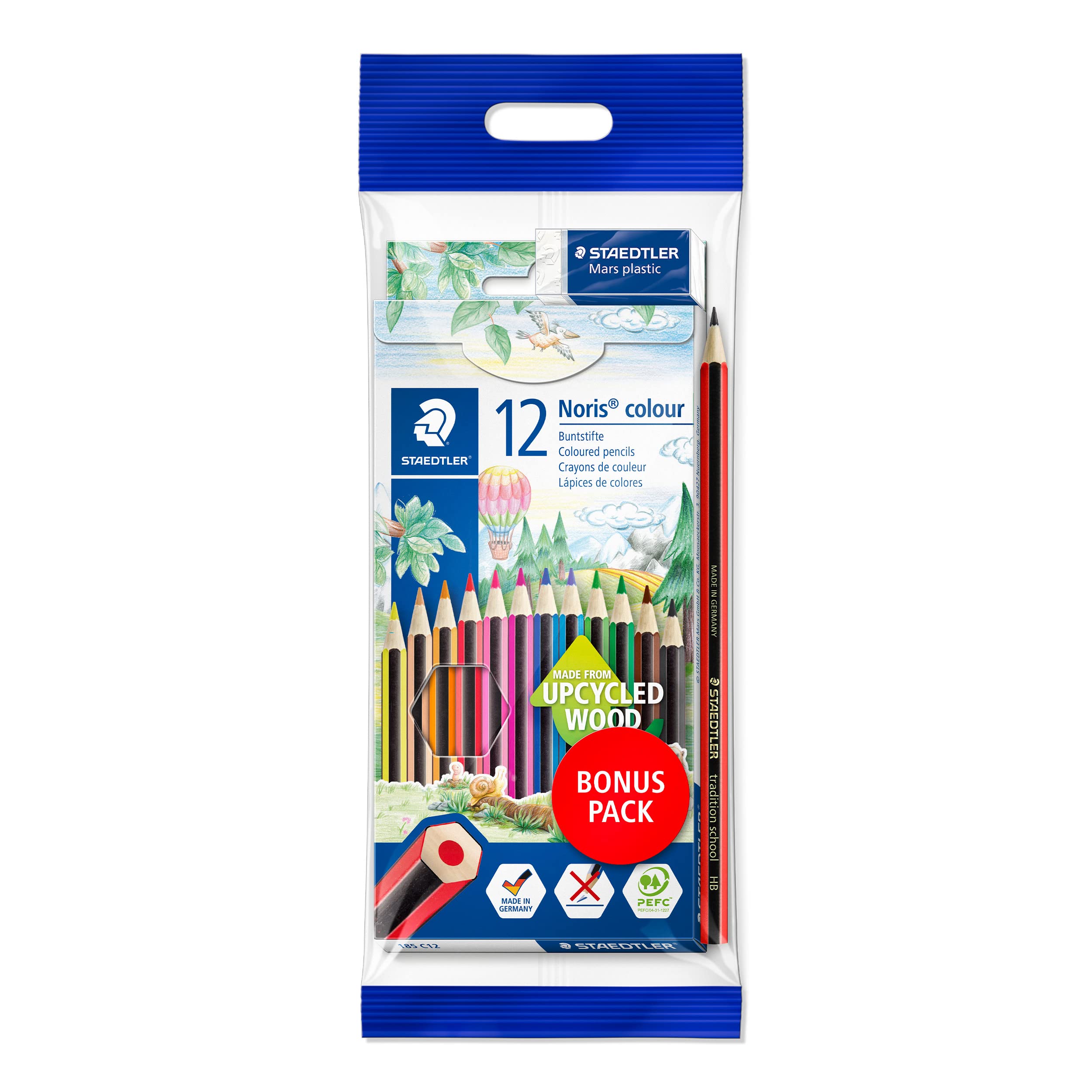 STAEDTLER 185 SET2 Noris Colour Colouring Pencils + FREE Tradition HB Pencil and Mars Eraser (Pack of 12 Pencils)