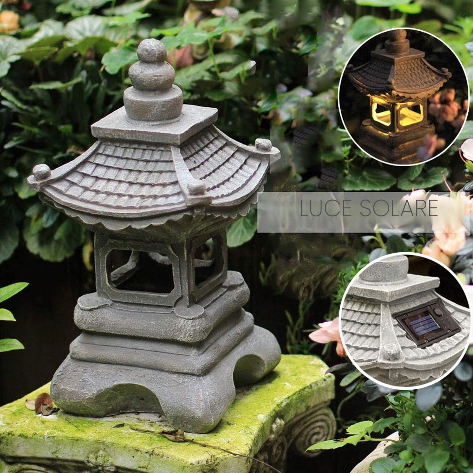 Outdoor Japanese Tachi-Gata Style Solar Zen Garden Lights Lanterna Pagoda Light Solar Floor Garden Lampada in resina impermeabile Statua Fattoria Balcone Decorazione creativa Lampada,17*34cm