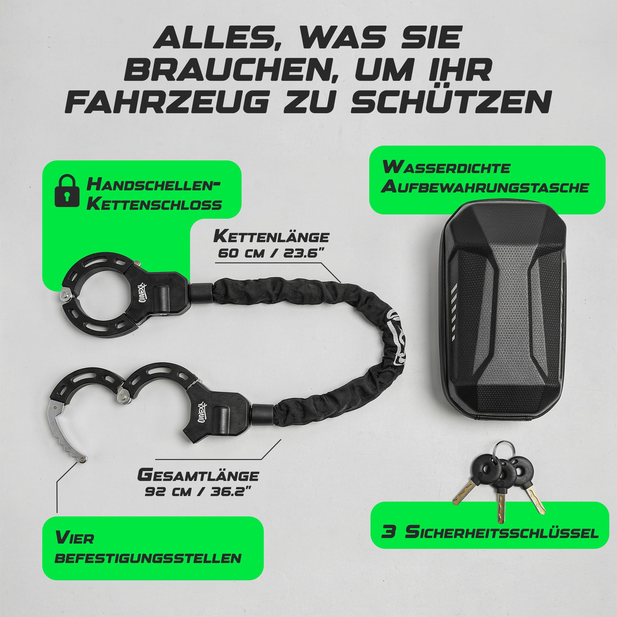 90cm Handschellenschloss mit Tasche für E-Bikes und Fahrräder, Gehärteter Stahl, Diebstahlschutz für Rahmen, Laufrad und Akku mit Aufbewahrungs-/Transportbox