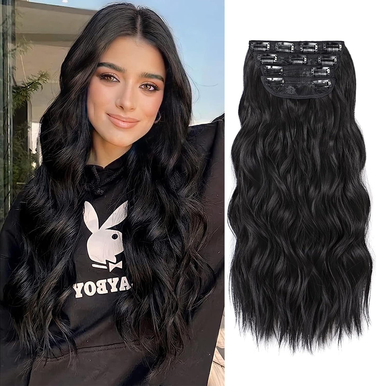 SHIHERESH 4PCS Hair Extensions Clip in, 20 Inches Thick Highlight Hairpieces Long Wavy Clip in Hair Piece Full Head Synthetic Hair Extensions for Women（200g Black)
