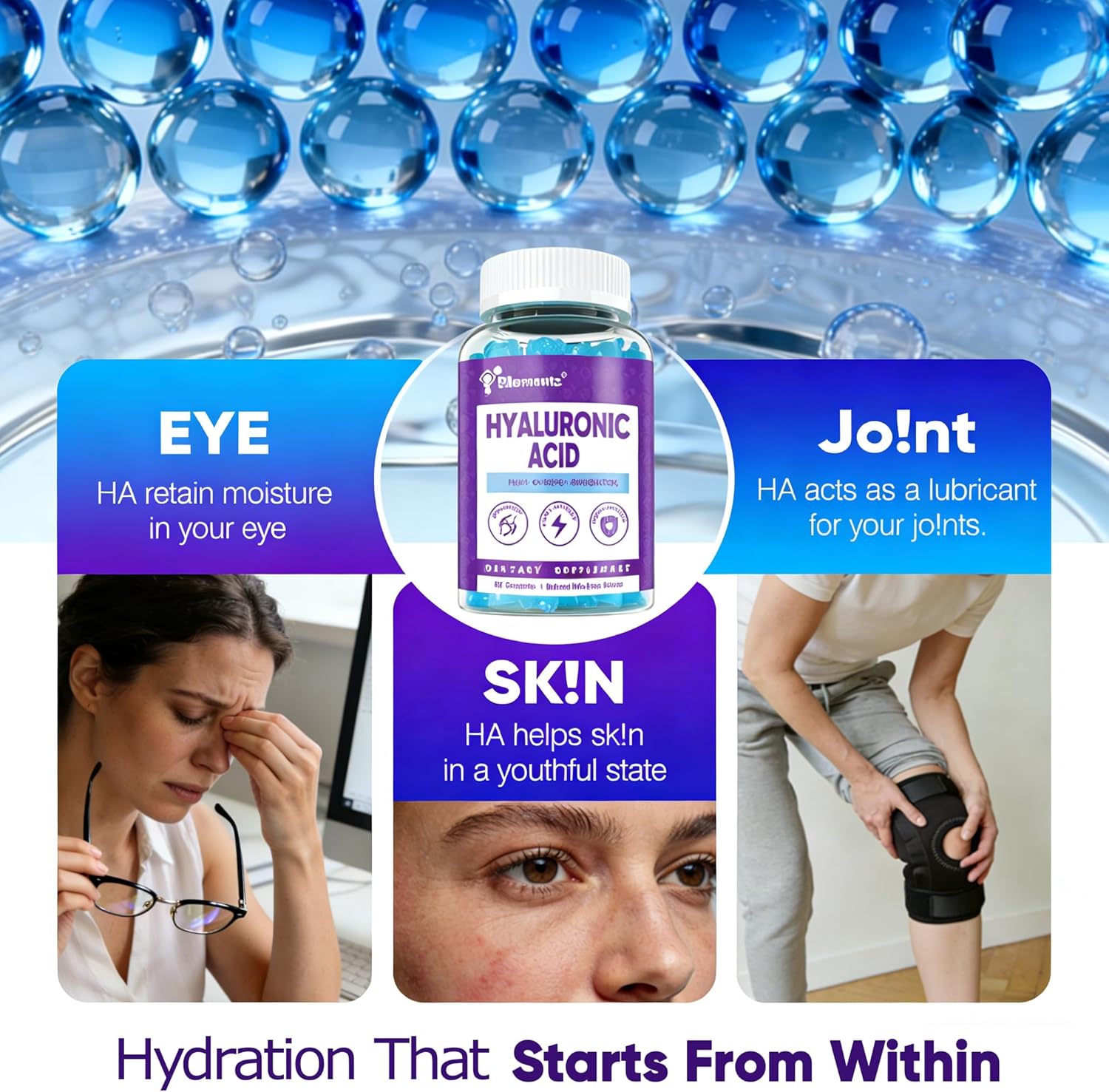 7-in-1 Sugar Free Hyaluronic Acid Supplements with MSM, Resveratrol, Ginseng, Vitamin C Gummies for Skin Health & Deep Hydration, 120 Counts - Image 4