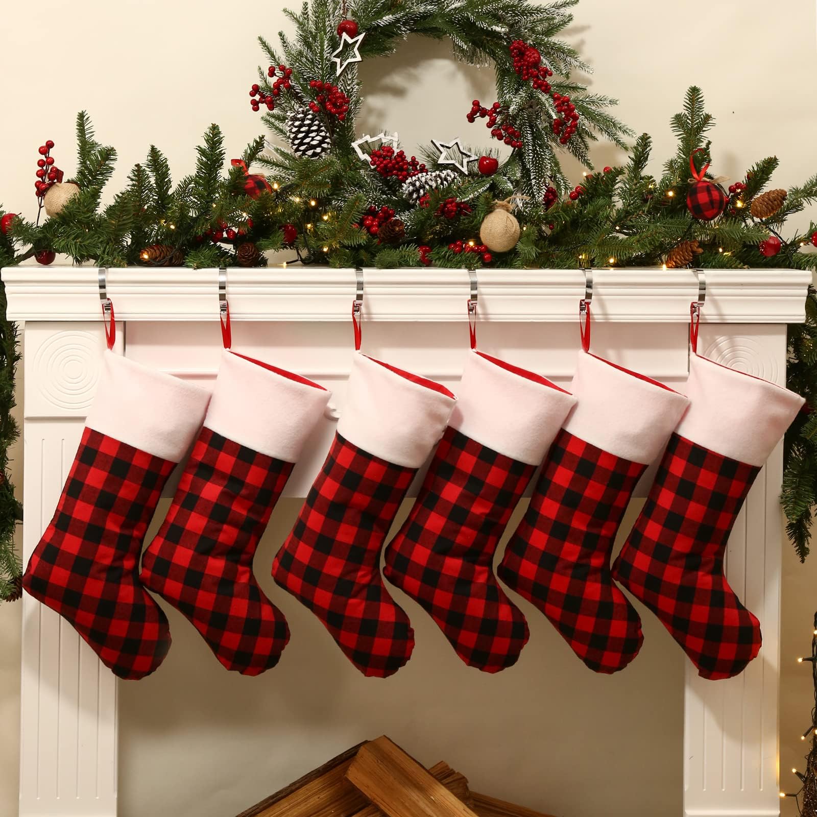 LimBridgeChristmas Stockings, 6 Pack 18 inches Buffalo Plaid with Plush Cuff, Classic Stocking Decorations for Whole Family, Red and Black