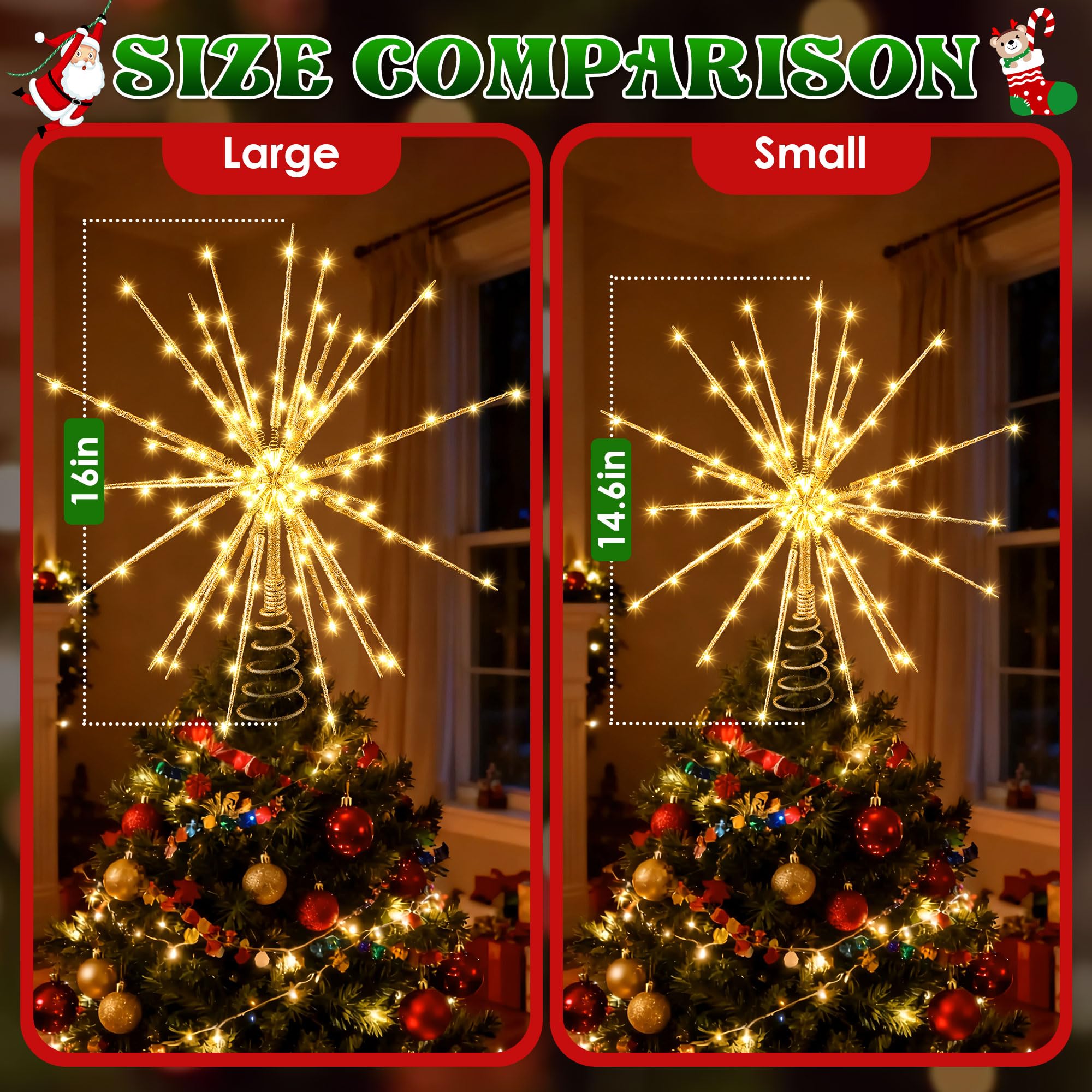 Meonum Cimier de sapin de Noël de 40,6 cm avec lumière LED, 25 lumières scintillantes, étoile de sapin de Noël pour décoration de sapin de Noël, taille universelle pour n'importe quel arbre, léger et
