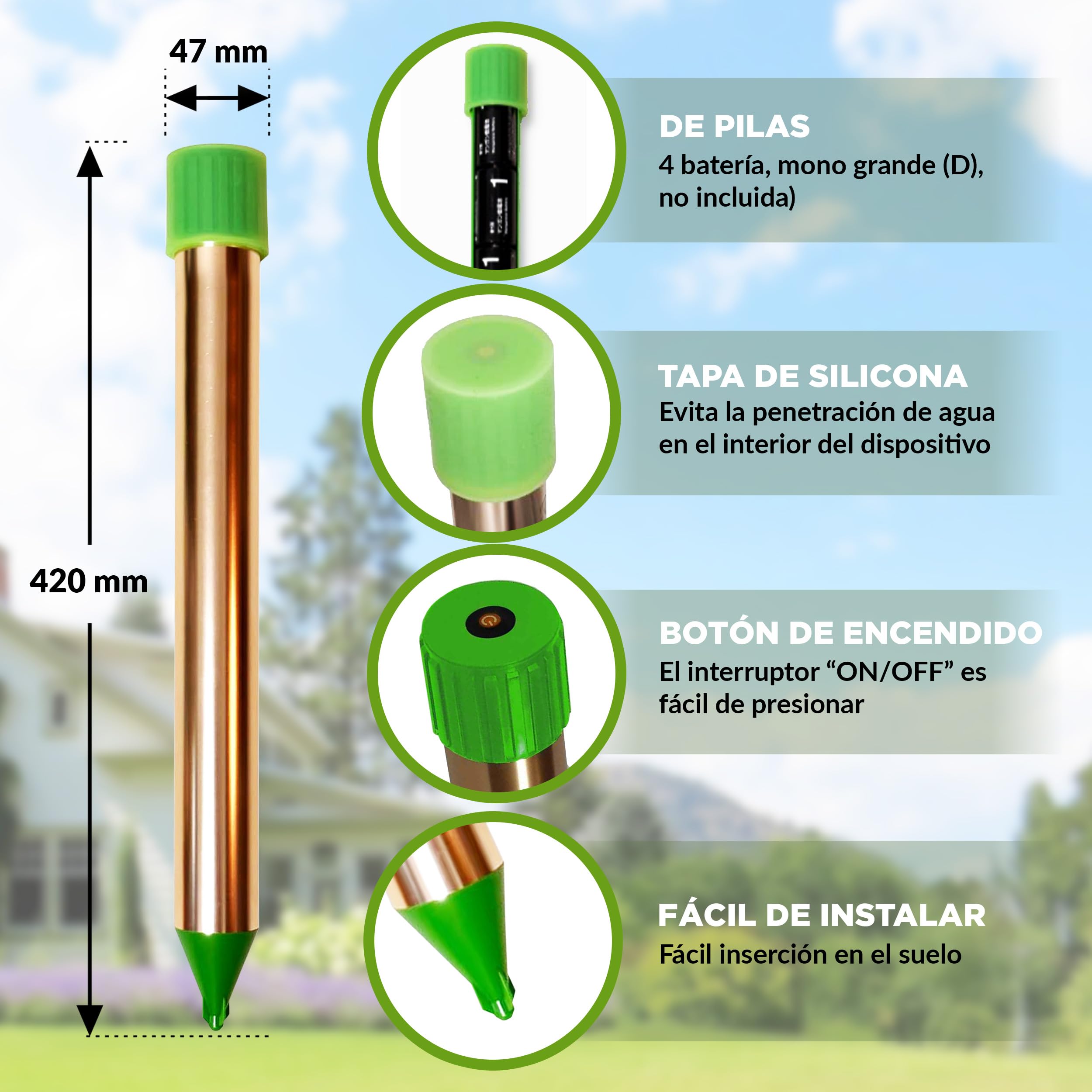 ISOTRONIC Repelente para Topos, topillos y Serpientes: Funciona con Pilas e Incluye una estaca para el Suelo del jardín. Cubre un área efectiva de 1250 m² (2 Unidades).