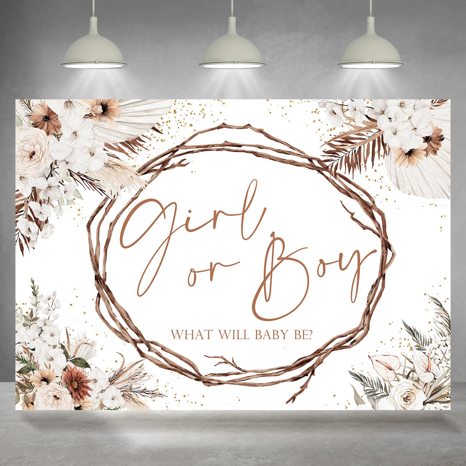Boho Fotohintergrund Für Gender Reveal Party – 2,1x1,5 M Mit Pampasgras & Blumen, Waschbarer Stoff Für Baby Shower
