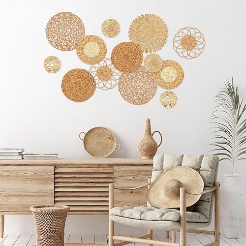 Vista 24 de Glenmal Juego de 13 cestas de pared bohemias tejidas de ratán hechas a mano, de mimbre de bambú, para colgar en la pared, para dormitorio, sala