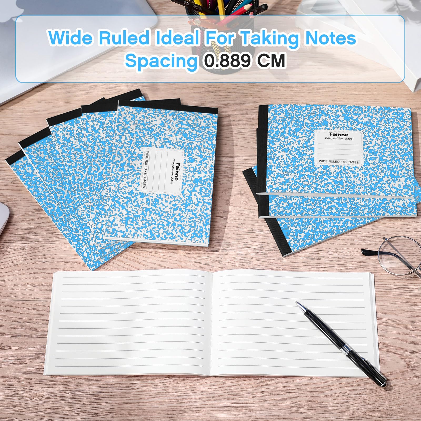 Fainne 20 quaderni per composizione universitaria a righe, 80 pagine, mezza misura, a righe larghe, 11-7/8 x 7-1/2 pollici, spaziatura assortita copertine primarie sfuse (azzurro)
