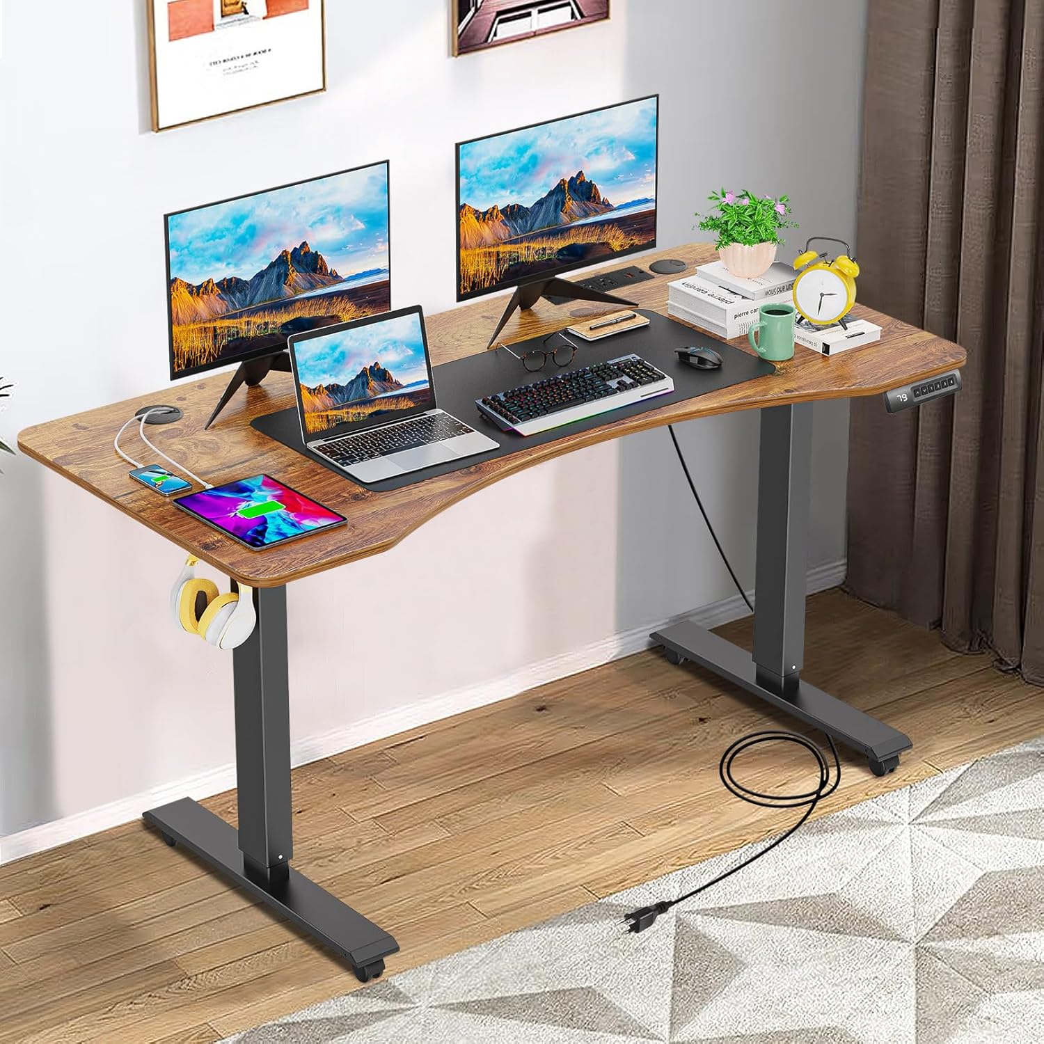 farexon Electric Standing Desk Adjustable Height,63x24 Inches Stand Up Desk, Ergonomically Curved Desktop with Outlet, Lockable Casters,27.''-46'' Lifting Range Home Office Computer Desk（Brwon