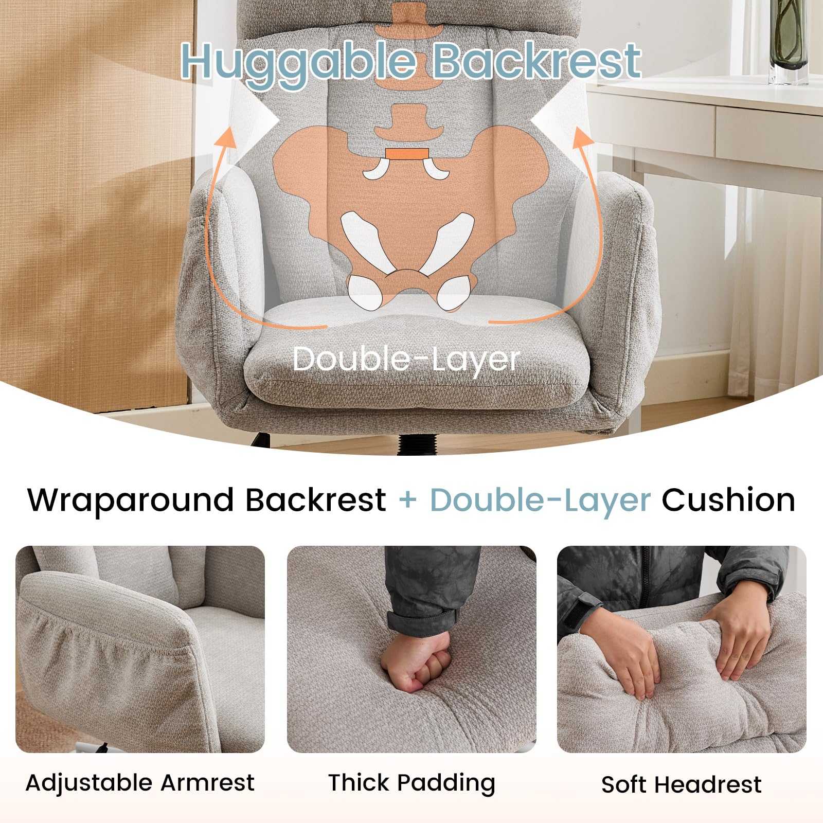 Bürostuhl mit Rollen, Ergonomischer Schreibtischstuhl mit extra breiter Sitzfläche, Verstellbare Armlehnen und Rückenlehne, Höhenverstellbarer Drehstuhl mit Wippfunktion, Homeoffice Stuhl (Grau)