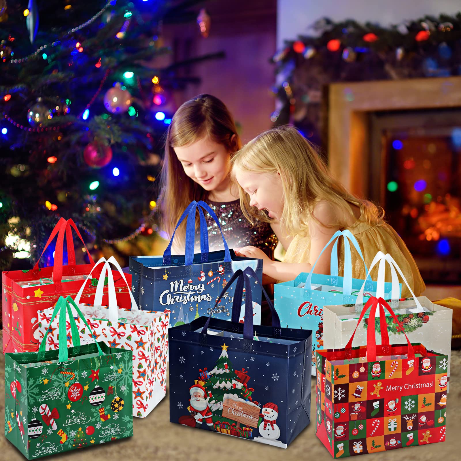 PARSUP 24-Pack Christmas Reusable Tote Bags - Non-Woven Gift Bags, 12.8x9.8x6.7 Inches, Holiday Patterns