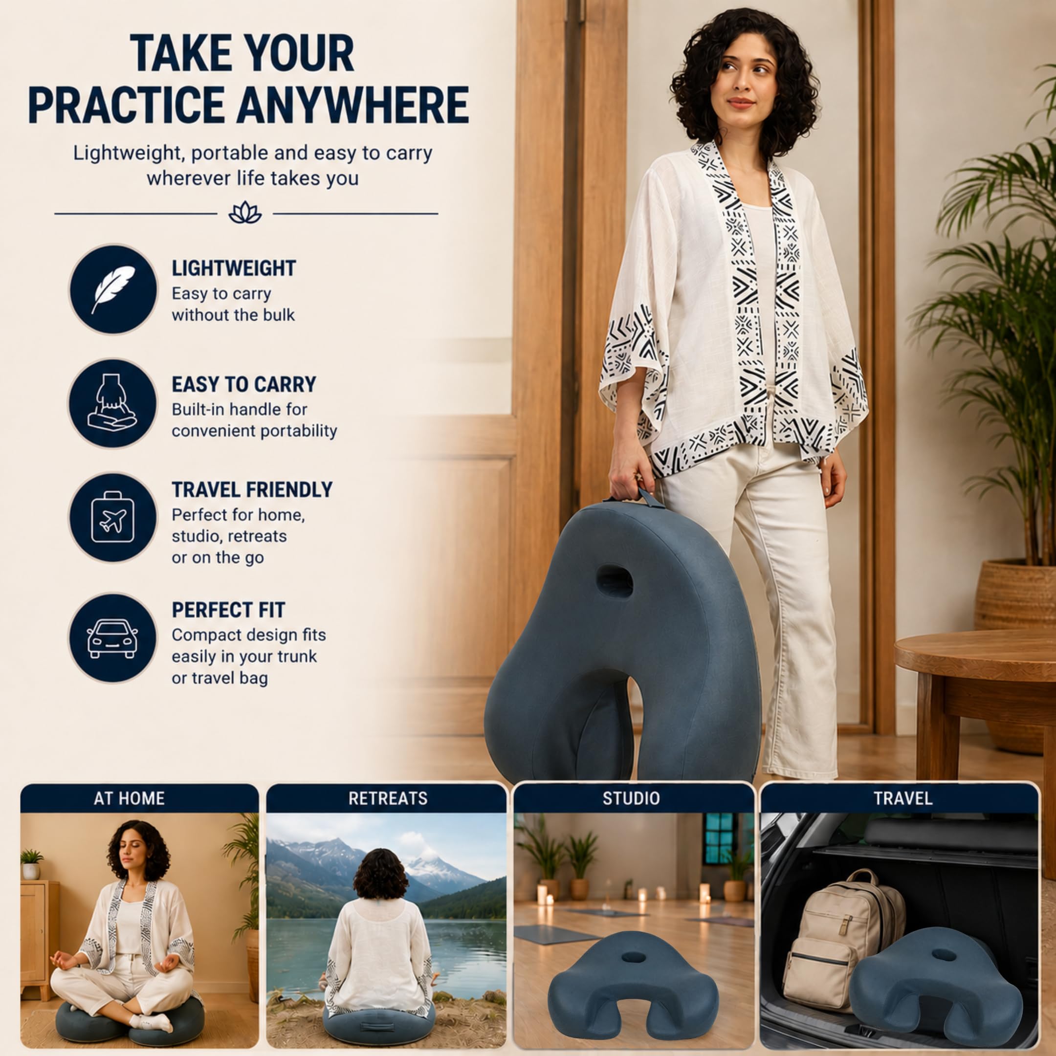 AetherForm - Cojín ortopédico de meditación, asiento ergonómico de tres puntos con alivio de coxis y soporte contorneado para sentarse conscientemente, yoga y relajación (azul, grande)