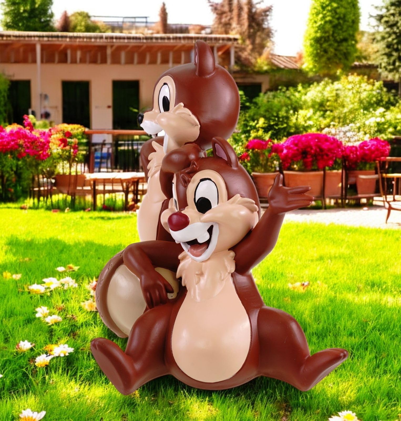Statua da giardino Chip e Chap, 33 cm, resistente alle intemperie, decorazione Disney per giardino e casa, statuetta in poliresina, affascinante per interni ed esterni, con licenza ufficiale, idea