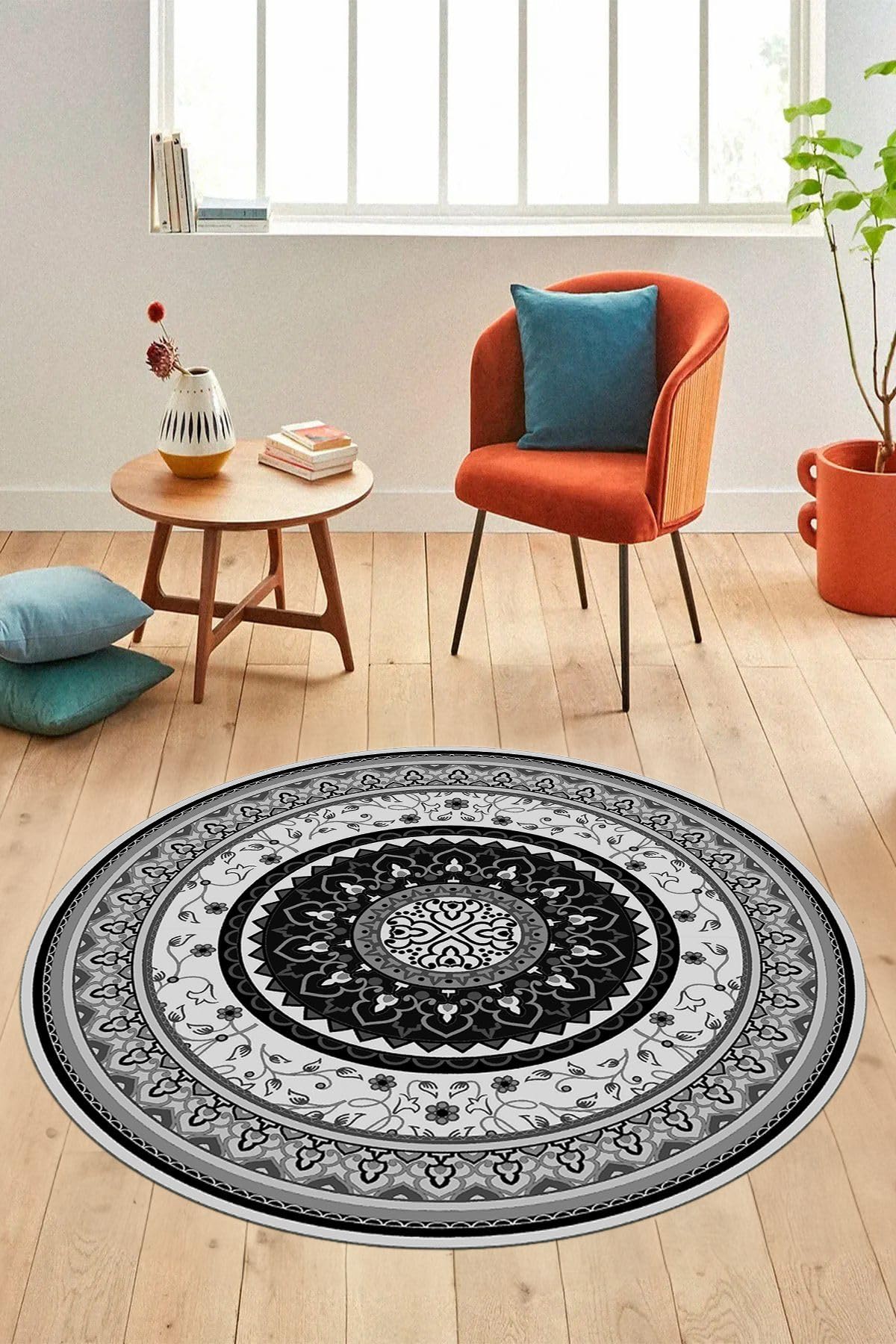 Evdeya Göbekli Klasik Dijital Kaymaz Taban Yıkanabilir Yuvarlak Mutfak Salon Halısı Y-KLASİK-18, Gri, 60 x 60