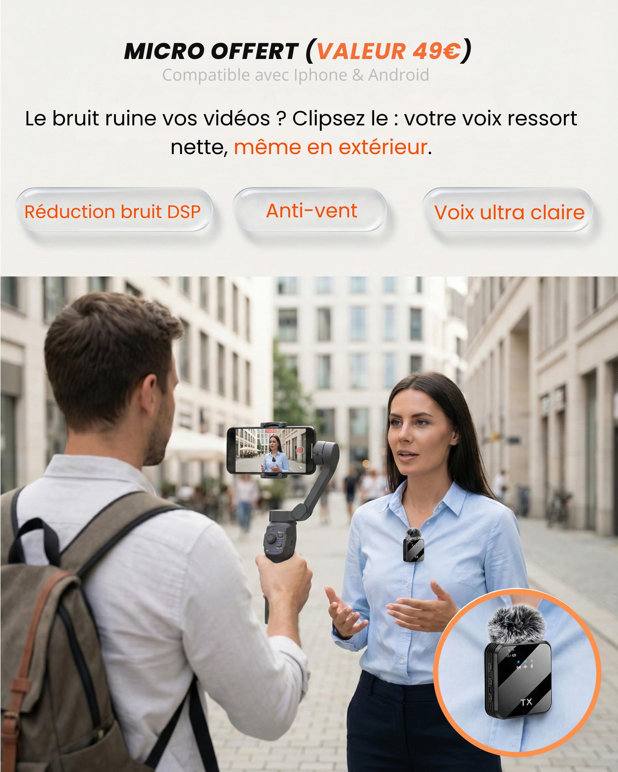 Studio Pro – Stabilisateur Smartphone 3 Axes avec Suivi IA, Éclairage LED, Micro-Cravate, Trépied Intégré & Batterie 13H | Gimbal compatible avec Iphone telephone Android | Kit Créateurs & Pros