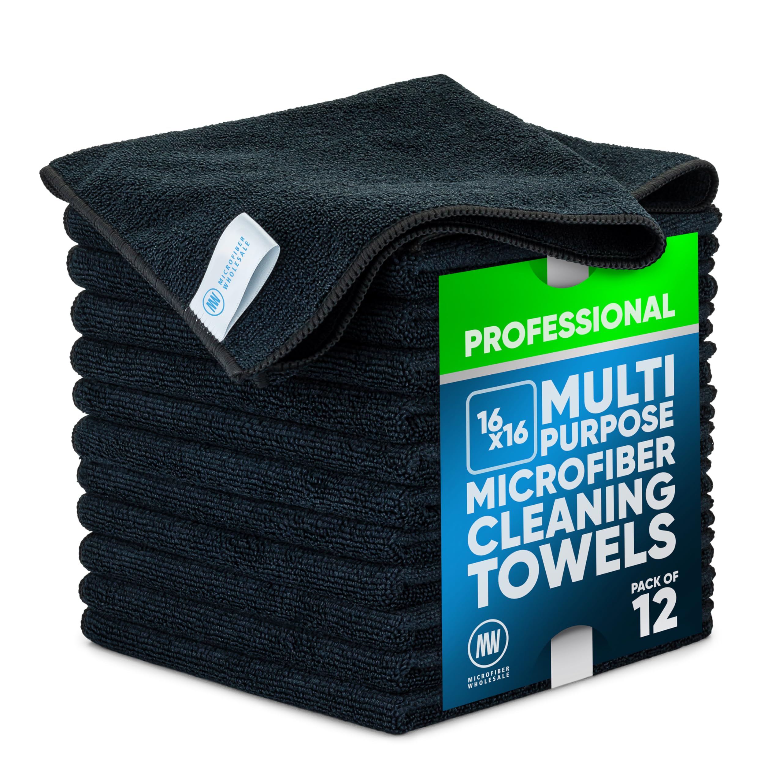 Microfiber Wholesale Buff Pro Multi-Surface Towel – 12 Pack | Premium Cleaning Cloth | Clean, Dust, Polish, Absorb | Large 16"x16" (Black)