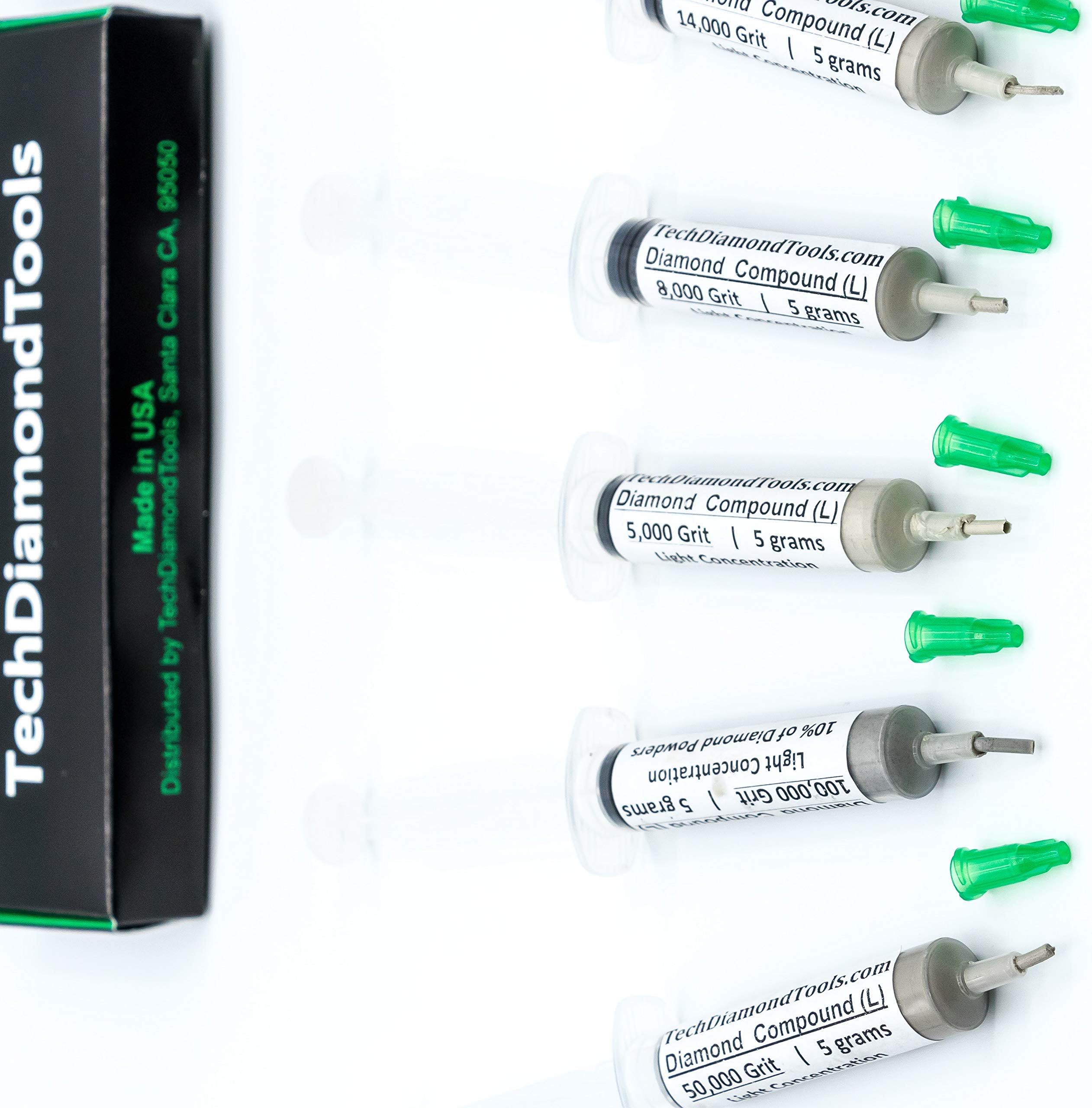 TechDiamondTools Diamond Polishing Paste Set of 5 Syringes X 5 Grams (L), Polishing Finishing Compound, Sizes 5000 8000 14000 50000 100000 Grit, Mesh - With Light(10%) Concentration of Diamond Powders