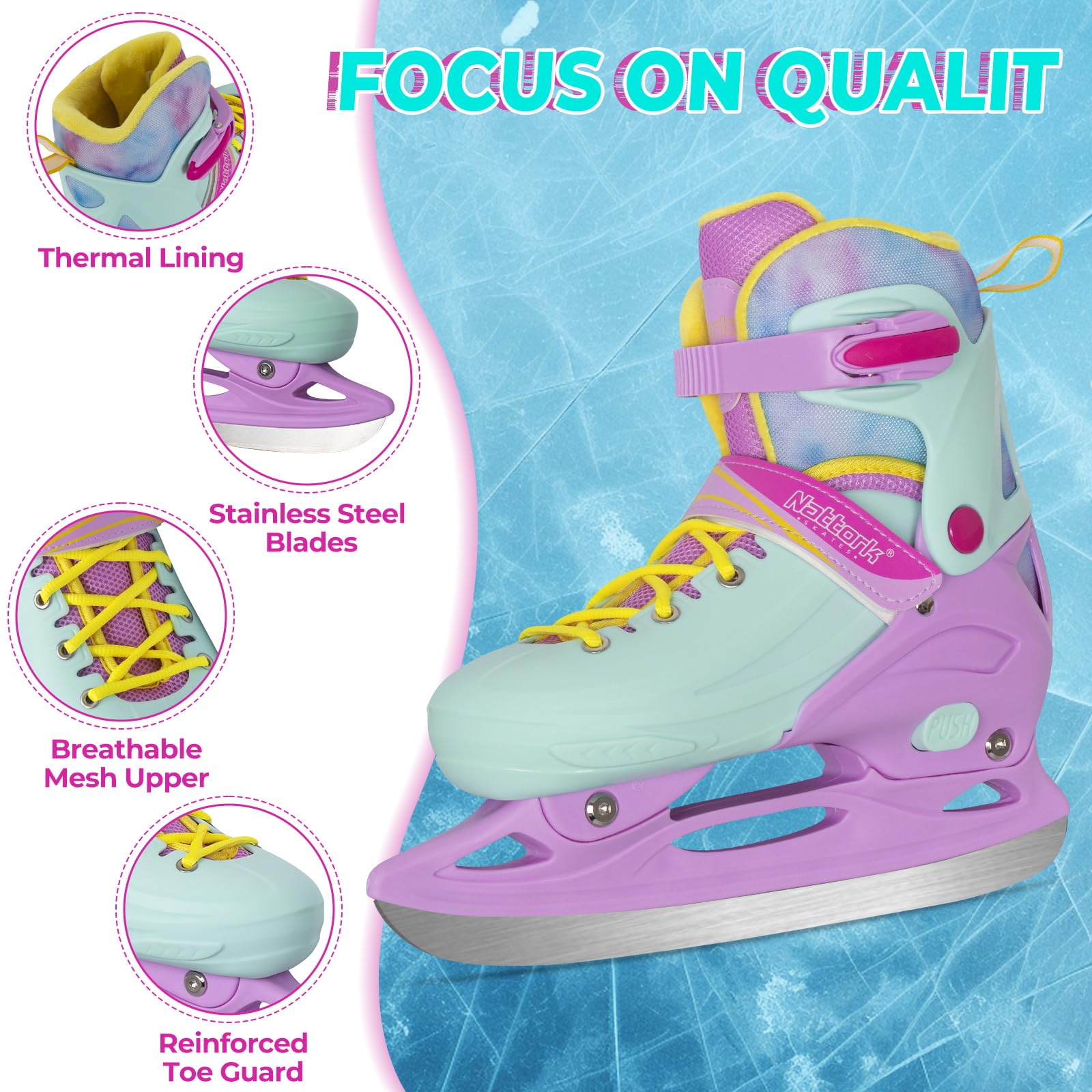 Nattork Patines de Hielo de 4 tamaños Ajustables para niños y niñas, Divertidos para Principiantes, Patinaje sobre Hielo para Exteriores, protección Dura Suave y cómoda para niños