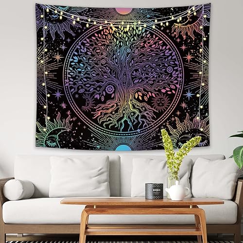 Miniatura 2 de MEHOFOND Tapiz de árbol de la vida para colgar en la pared, diseño de mandala bohemio para dormitorio, estético, sol, luna, estrella, árbol de la