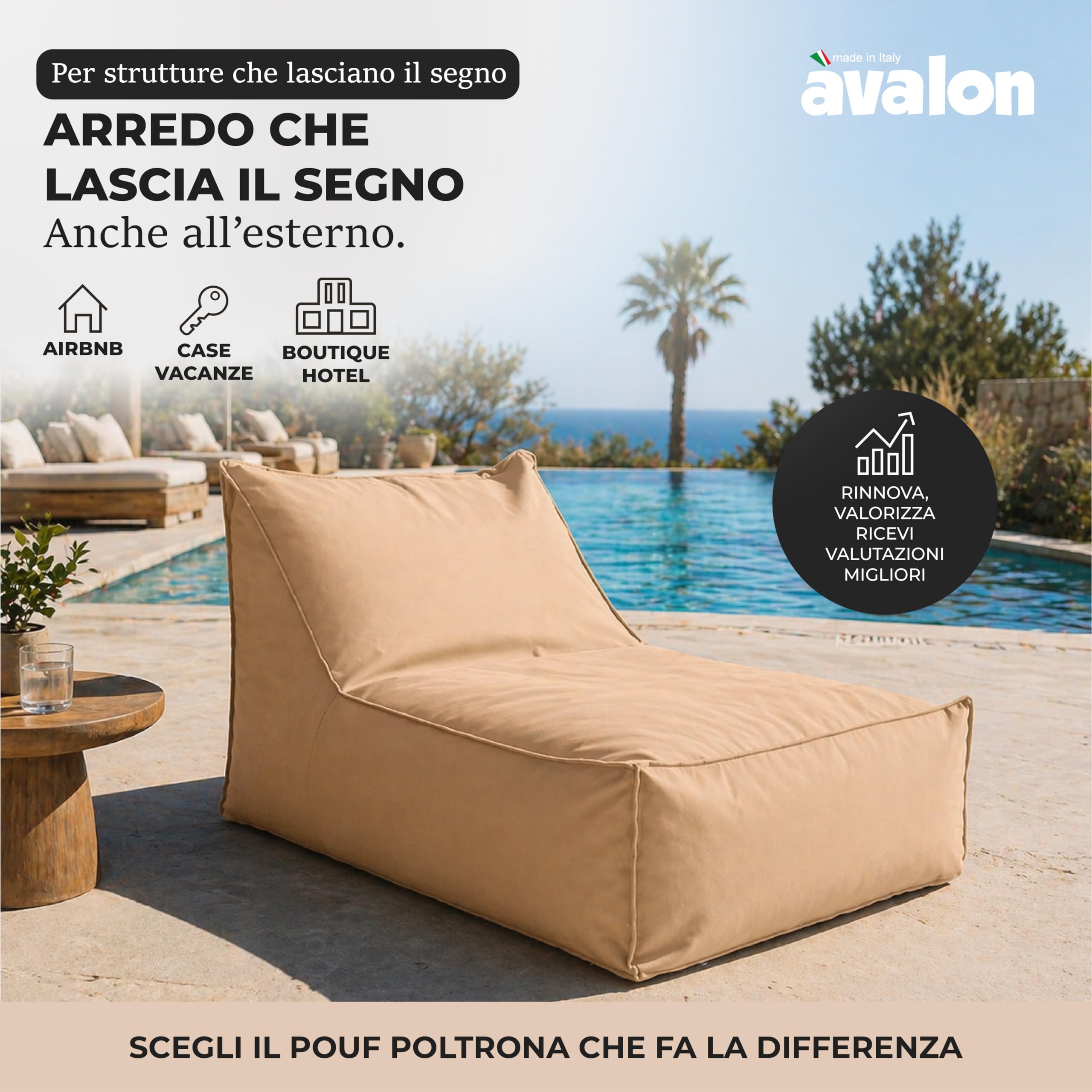 Avalon Pouf Chaise Longue da Esterno Sfoderabile Impermeabile 70x105cm Corda Design Moderno