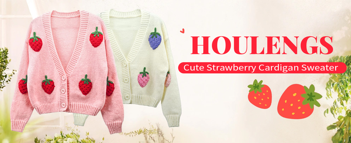 Cardigan Corto Donna HOULENGS – Stampa Fragole, Scollo A V, Manica Lunga, Giallo Taglia Unica