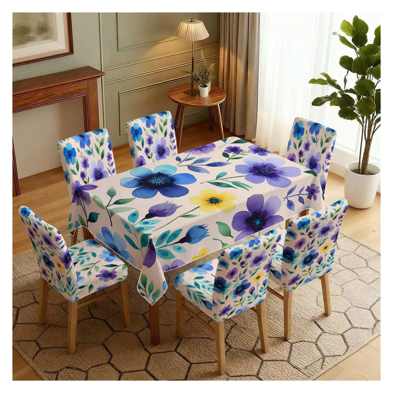 BOSUYBN Watercolor Blue Purple Wildflower Dining Tablecloth & Chair Covers Set, 5/7 Piece Bright Spring Cottage Farmhouse Kitchen Dining Decor Table Setting(7pcs Set: Tablecloth+Chair Covers)