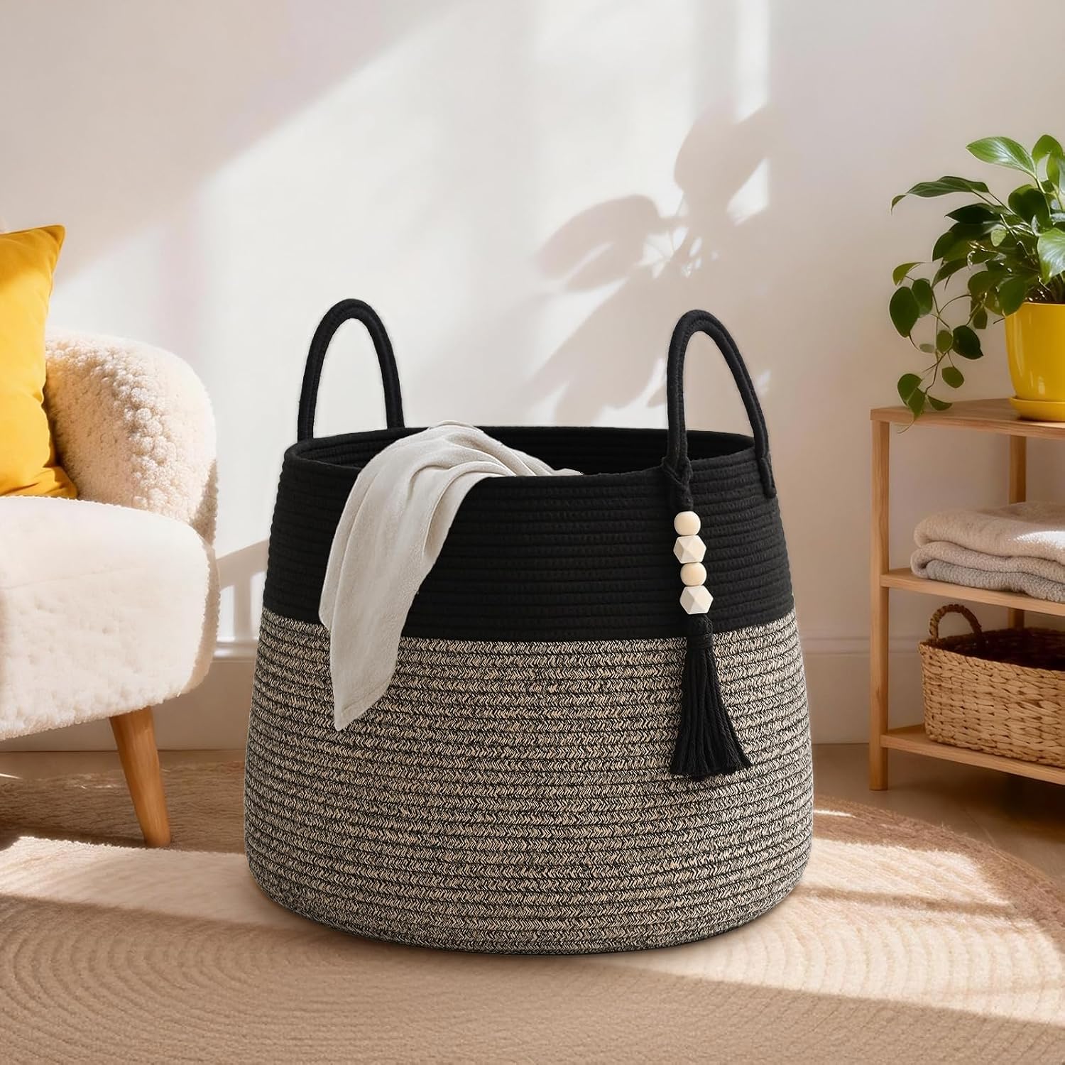 Large Nursery Hamper, 60L Blanket Basket with Handle, Baby Laundry Basket for Gift, Toy, Clothes, Woven Storage Basket with Wooden Bead Decor, Baby Hamper for Nursery (Black&Brown)