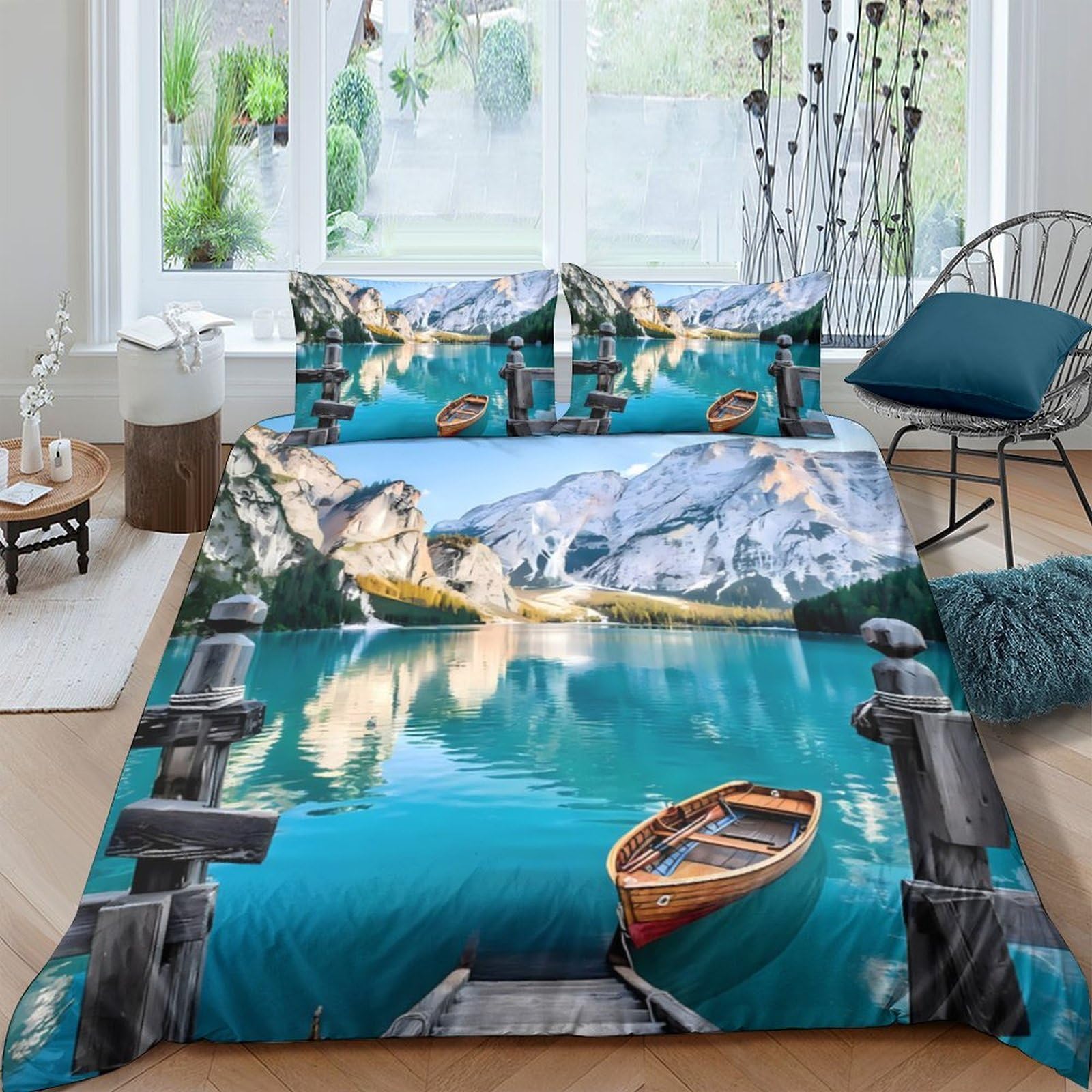 GPLZQXKJNH 3D Printed Lake Mountain Boat Duvet Cover Microfiber Soft Breathable Forest River Bedding Set with 2 Pillowcases for Bedroom Décor Single（135x200cm）