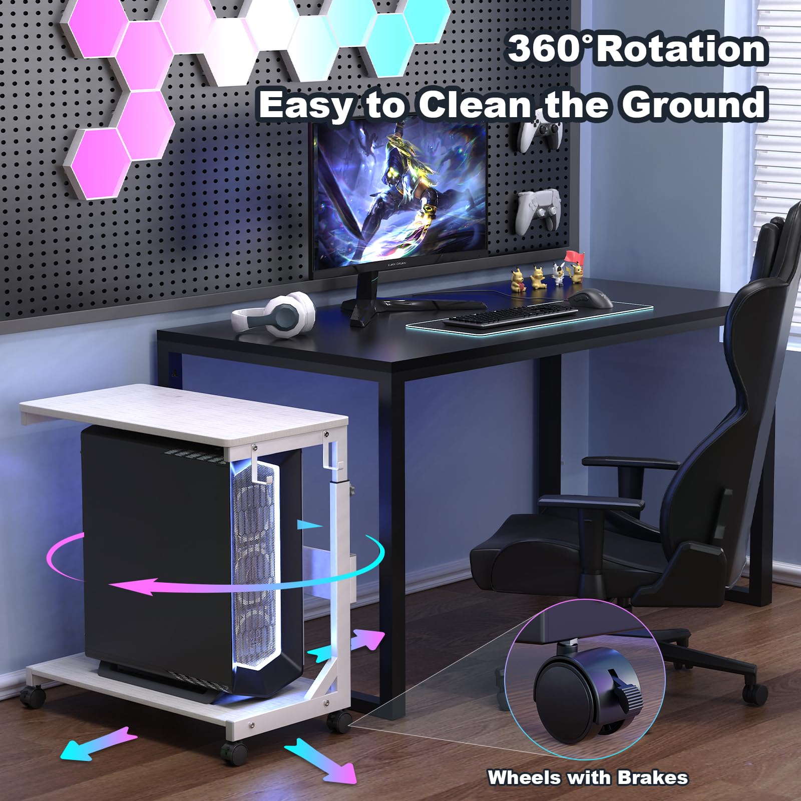 Height Adjustable Computer Tower Stand with Charge Station and USB Charging Port 2-Tier ATX-Case Cart Under Desk Mobile — view 3