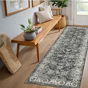 GarveeHome Washable Runner Rug 2x6 Vintage Carpet Runner with Non Slip Backing Foldable Non Shedding Retro Accent Rug Low Pile Distressed Throw Rug for Hallway Office Bedroom, Grey