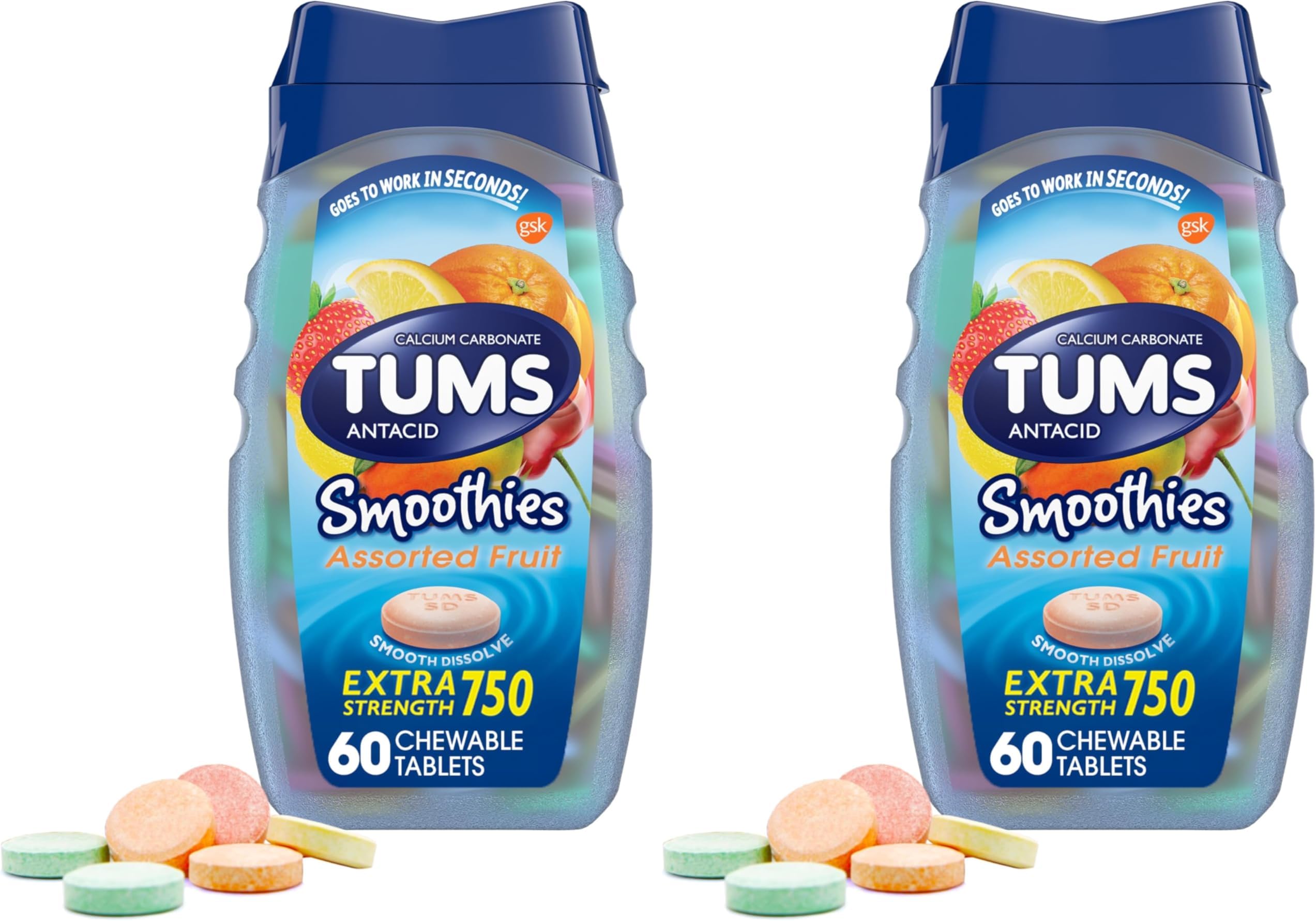 TUMS Smoothies Extra Strength Antacid Chewable Tablets for Heartburn Relief, Assorted Fruit - 60 Count (Pack of 2)