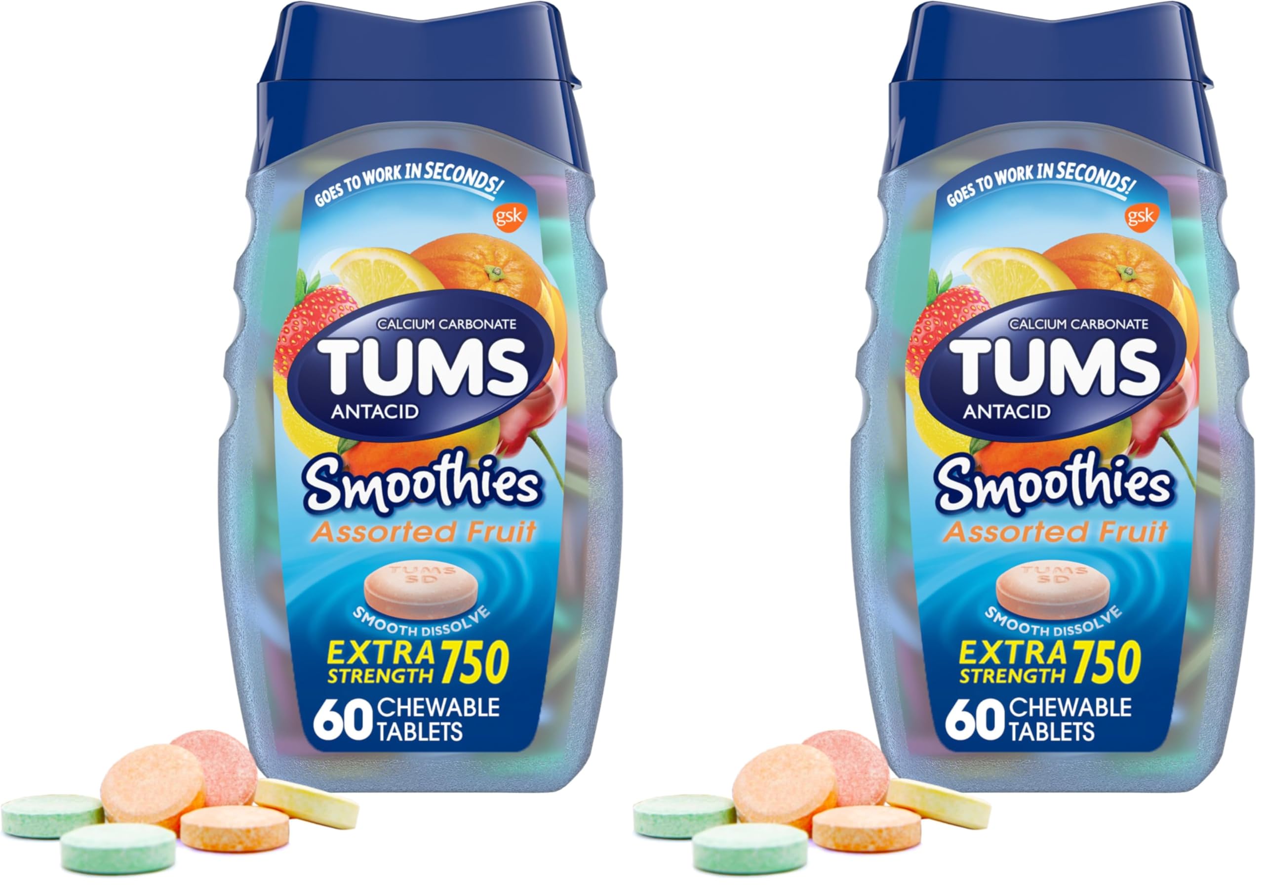 TUMS Smoothies Extra Strength Antacid Chewable Tablets for Heartburn Relief, Assorted Fruit - 60 Count (Pack of 2)