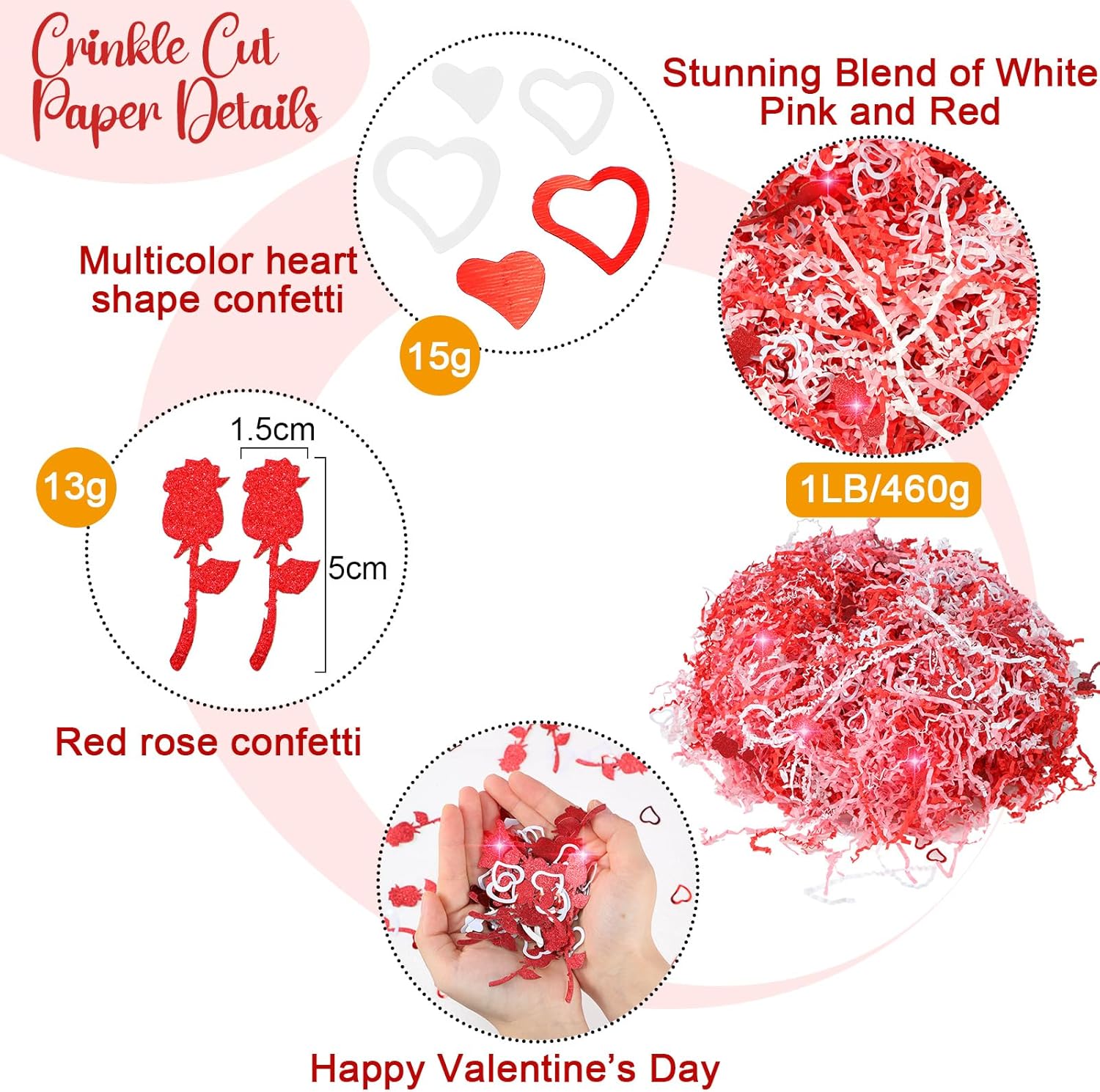 Supervitae 1 lb Valentine's Day Crinkle Cut Paper Shred Filler with Rose and Heart Confetti Shred Paper Basket Filler Red White Pink Raffia Tissue Grass for Gift Boxes Basket Holiday Packaging - Image 2