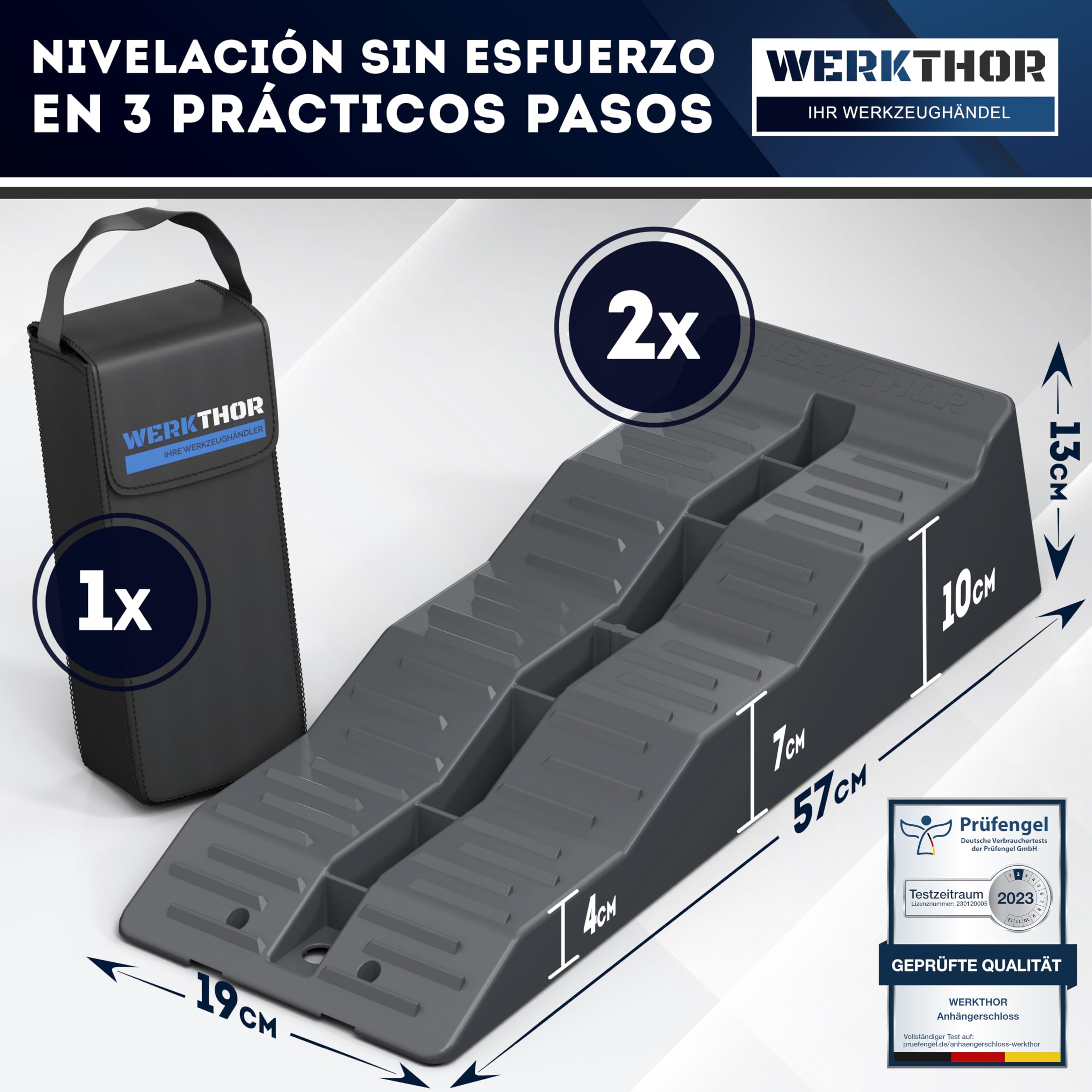 Cuñas para autocaravanas WERKTHOR (grises) - [Juego de 2] Cuñas estables para caravanas y autocaravanas | Cuñas para una nivelación segura [<5t] - Para cualquier superficie - Bolsa incluida
