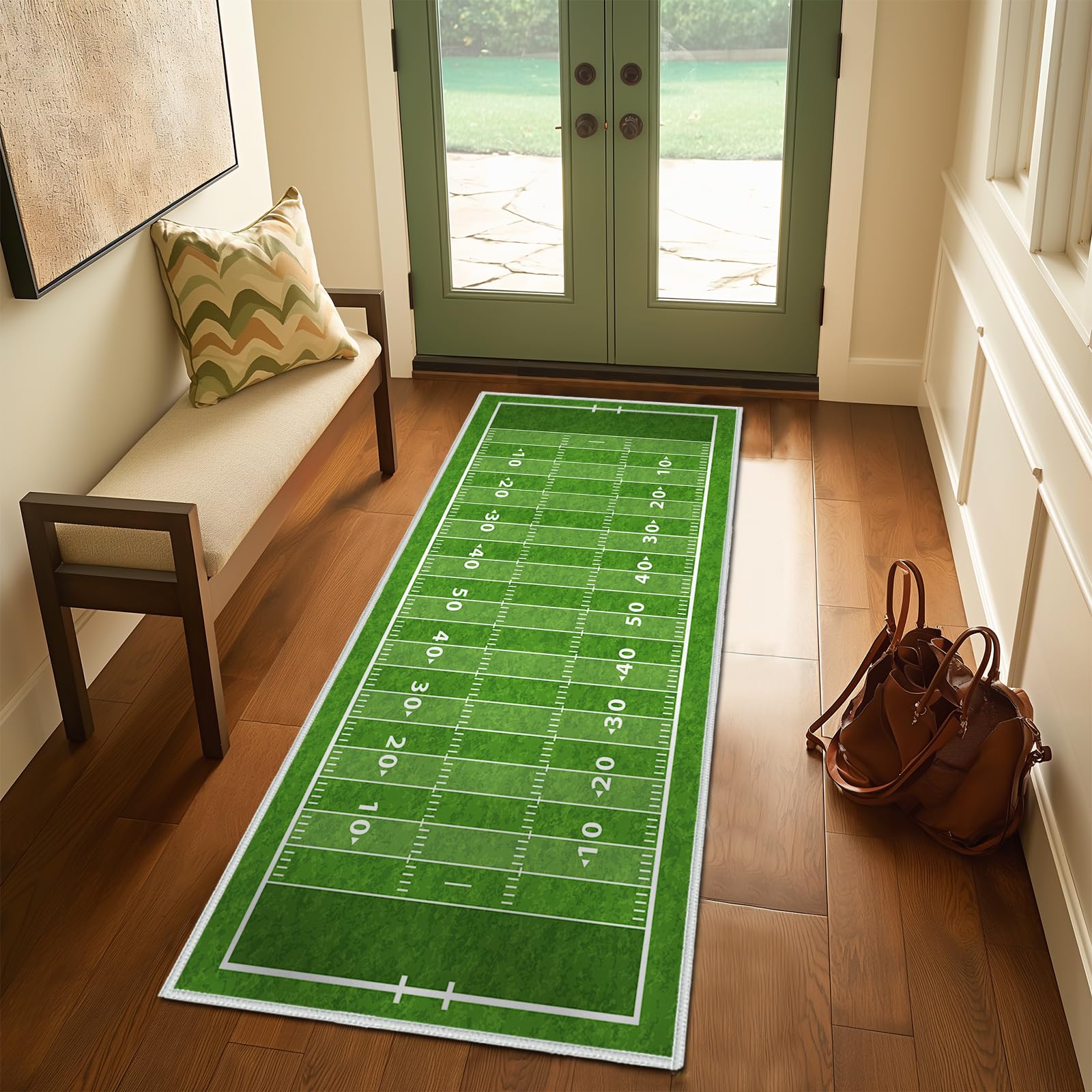 Green Runner Rug 2x5,Football Field American Sports Green Lawn Sport Game Team Competition,Ultra-Thin Throw Carpet Washable Kitchen Rugs Non Slip