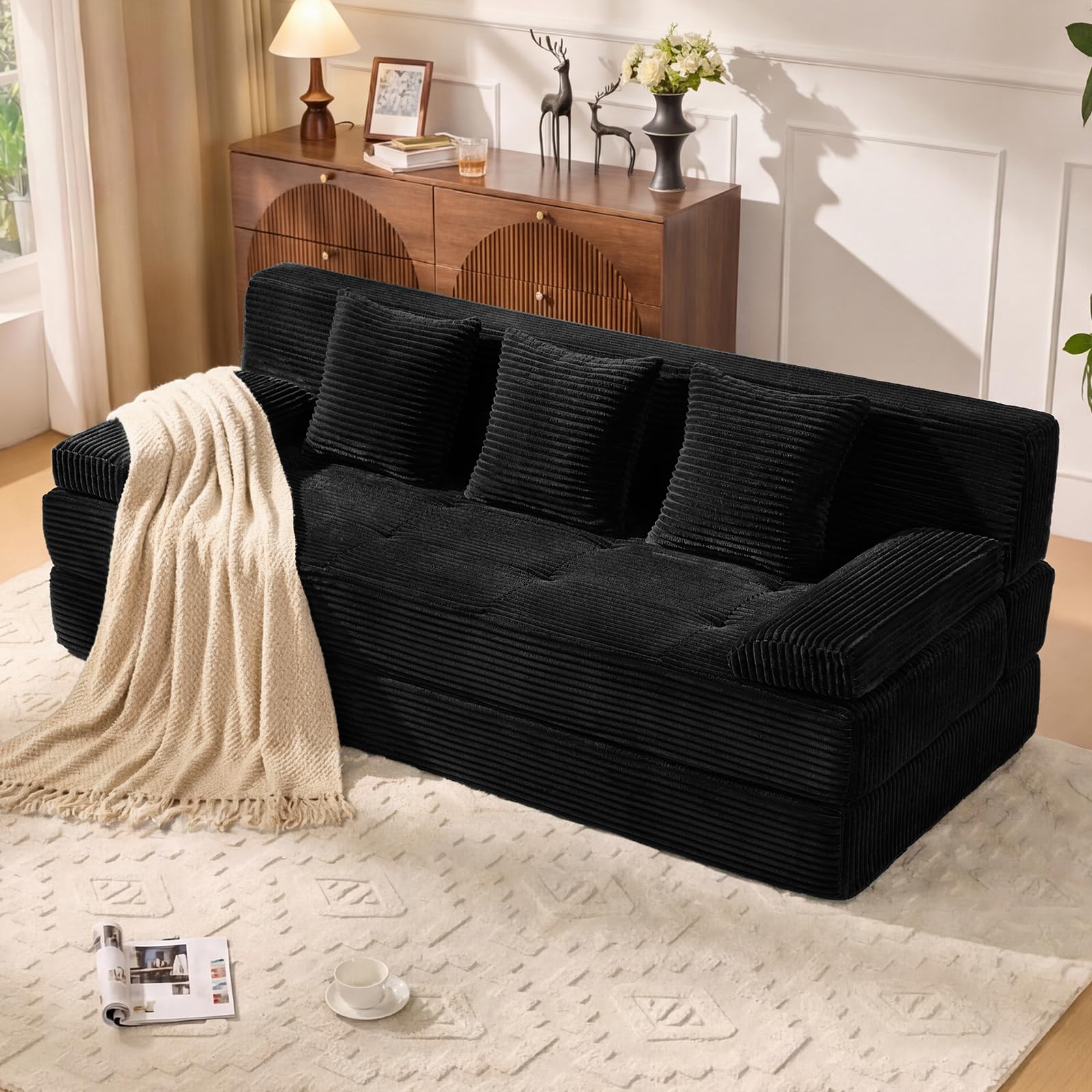 Photo 1 of LOOMORA 78.7IN Folding Sofa Bed - Convertible Sleeper Sofa Couch with Zippered Pillows, 3 Seater Couches Bed for Living Room, Bedroom, Apartment, No Assembly Required, Freestanding, Corduroy, Black