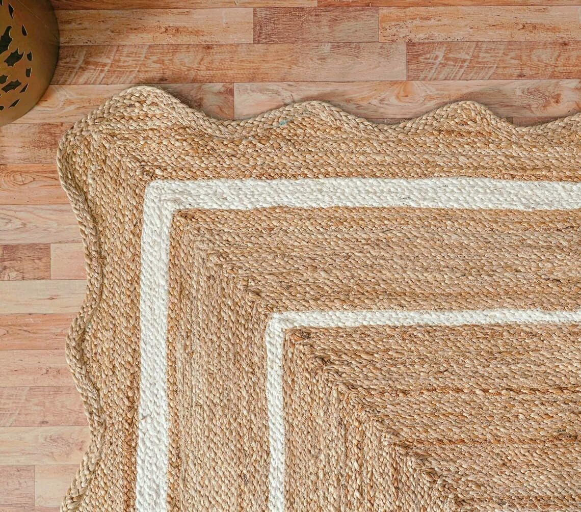 Sanwariya Natural Jute Scalloped Bohemian Decor Handwoven Custom Decorative Rug (Bd1) (2X3 Ft-Wht)