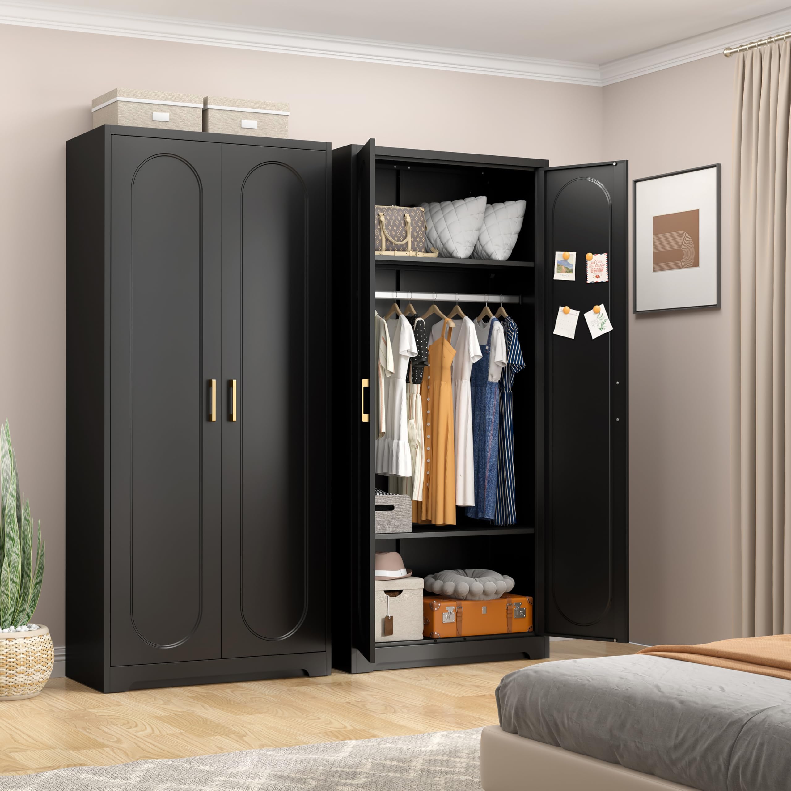 Wardrobe Closet with Doors, Wardrobe Cabinet with 2 Adjustable Shelves,Armoire Wardrobes Closet with Hanging Rod for Bedroom, Employee, School, Gym, Armarios De Ropa para Dormitorio, Black