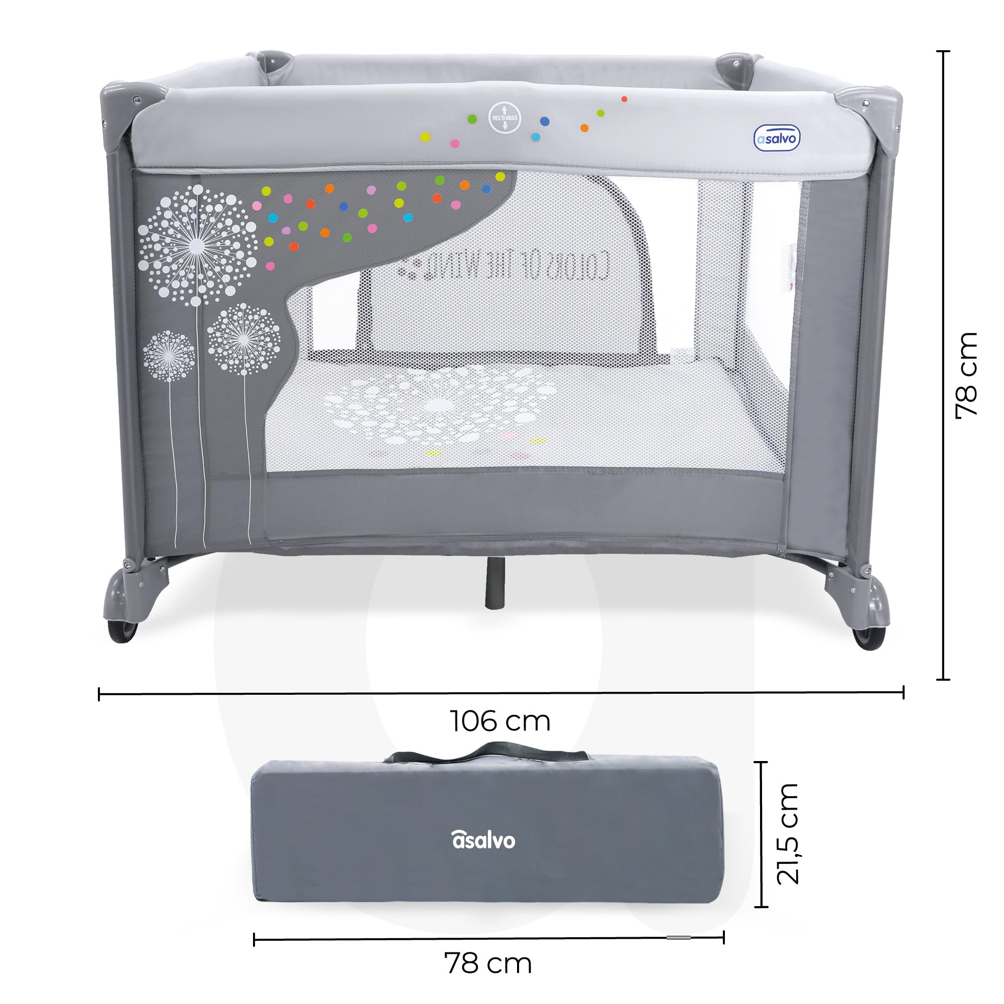 Parc bébé pliable carré 99x99 cm – Base matelassée + Porte zippée + 2 roues avec freins + Filet respirant sur 4 côtés – Facile à transporter et à ranger – Dandelion Asalvo