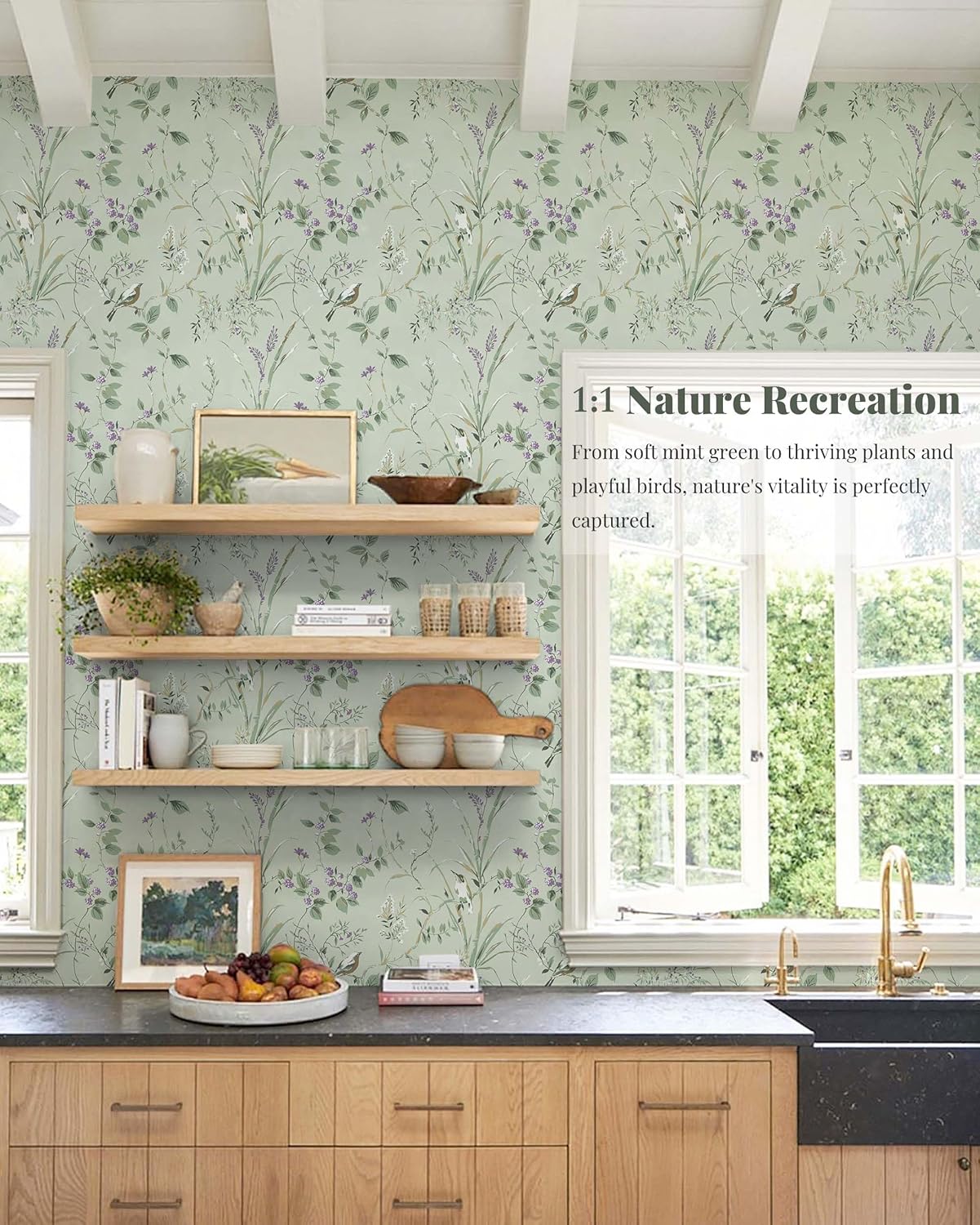 Heroad Green Floral Wallpaper Cottage Botanical Peel and Stick Wallpaper Bird Vintage Contact Paper Removable Self Adhesive Waterproof for Bathroom Bedroom Living Room Vinyl 17.3”x78.7”