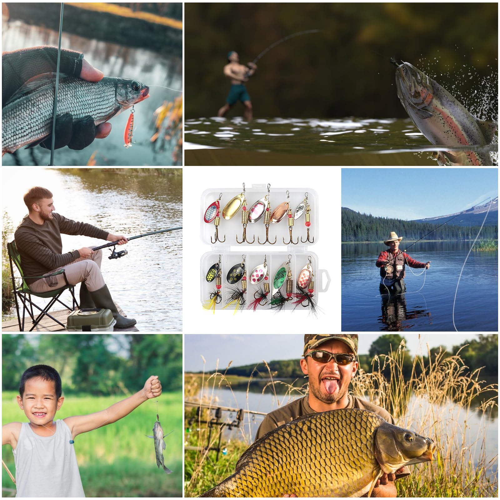 10 Piezas Señuelos de Pesca Kits de Señuelos Cucharillas Pesca Señuelos Pesca Artificiales Pesca Accesorios con Caja Tackle para la Trucha,Lucio Perca Trucha Pike Salmon Bass