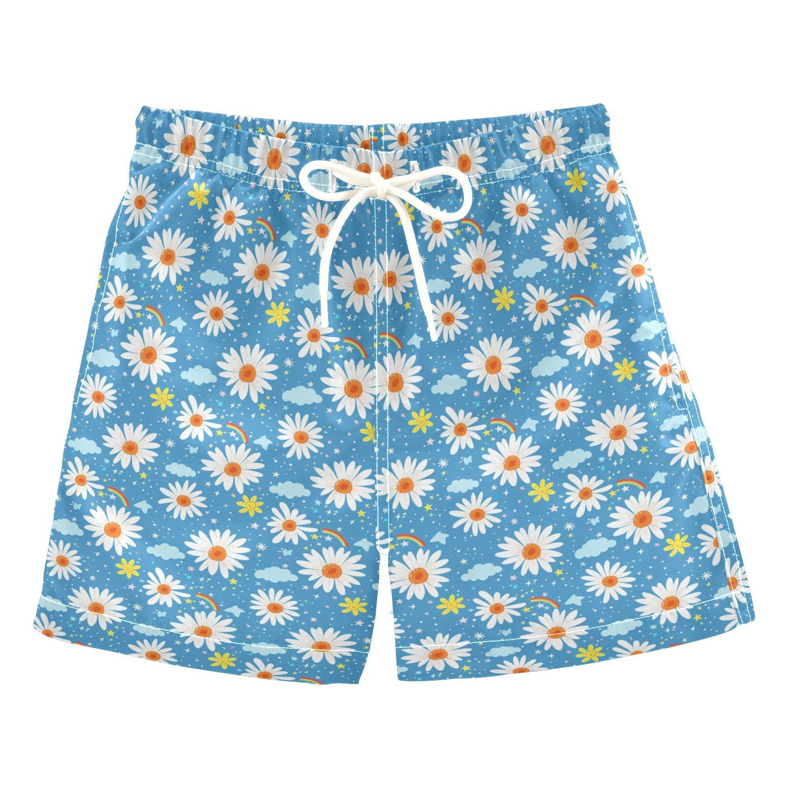 Rainbow Daisies Blue Boys Swim Trunks Toddler Shorts Swimwear Boardshorts