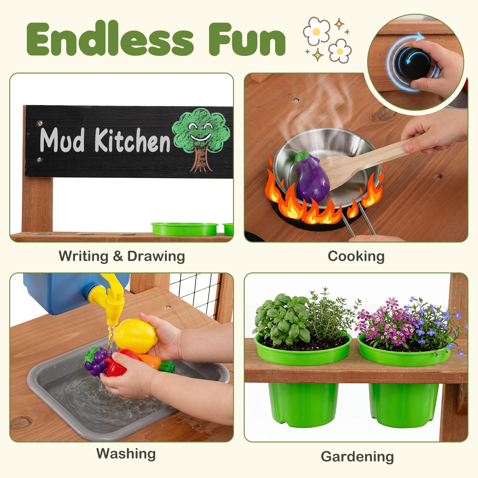 COSTWAY Matschküche Kinder Outdoor, Spielküche mit Wassertank & Wasserhahn | Kinderküche mit Spüle, Vogelkäfig, Pflanzkasten, Spalier, Blumentöpfen, Gartenspielzeug & Kochzubehör, Gartenspielküche