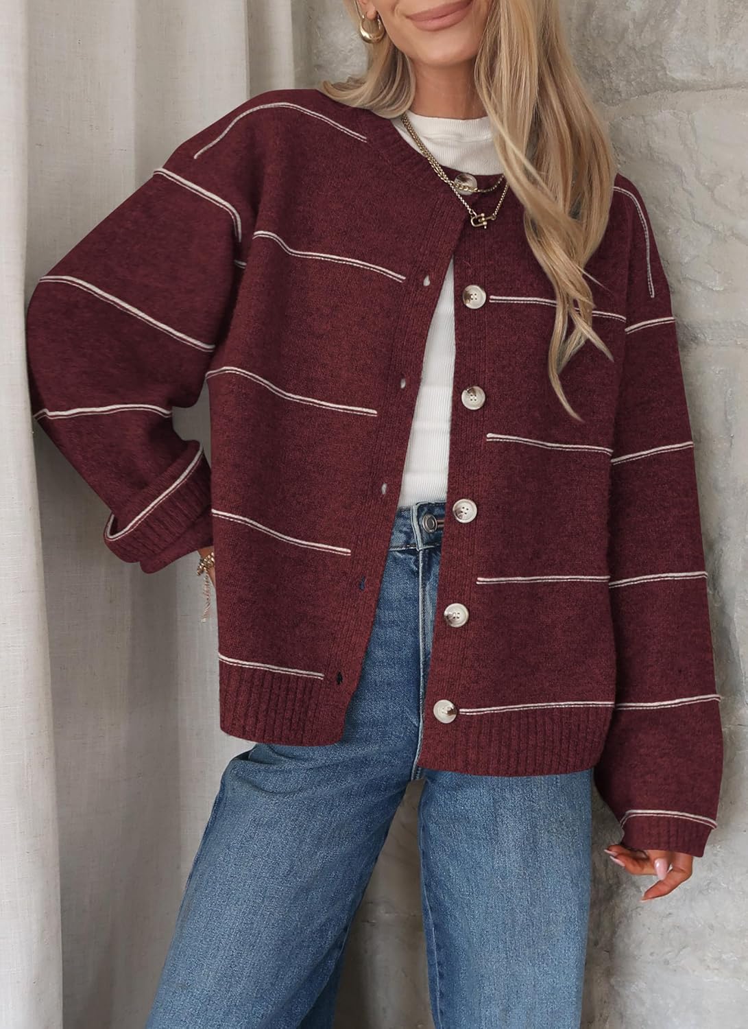 Balimtoy Striped Cardigan Sweaters for Women Trendy Long Sleeve Crewneck Button Up Sweater Fall Winter Outerwear - Image 4