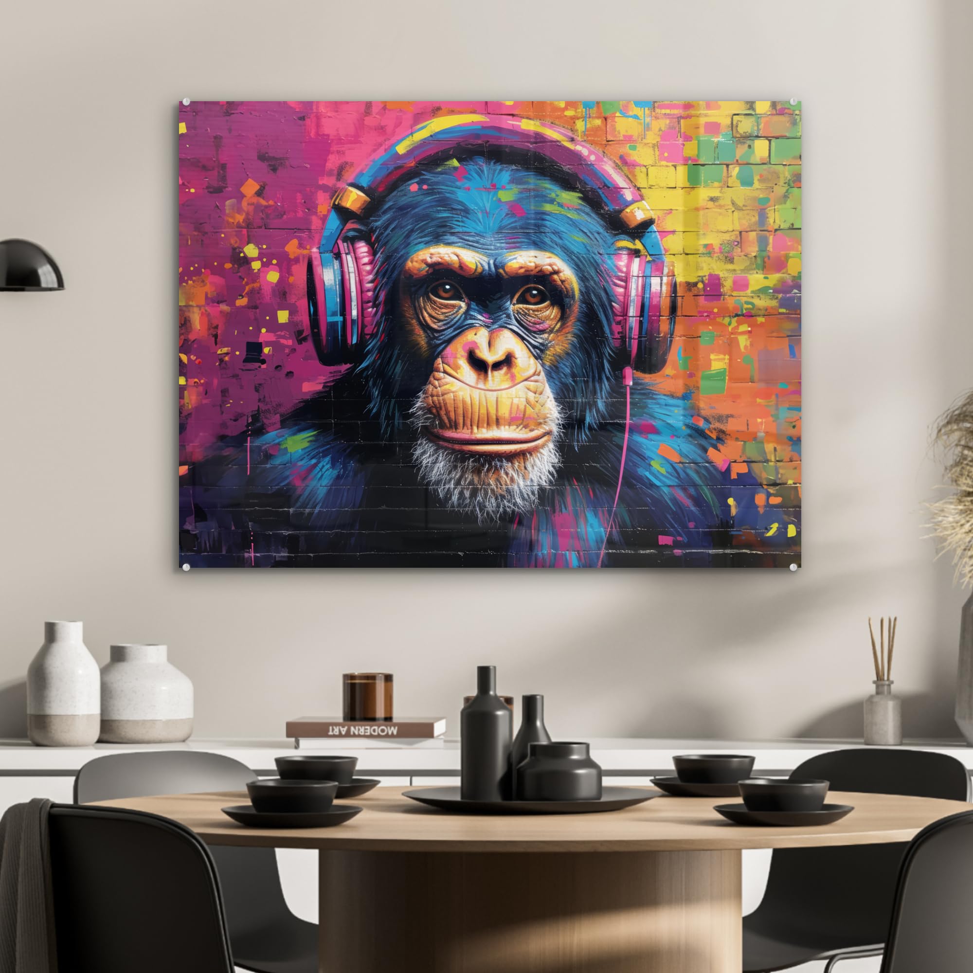 MuchoWow© Bild auf Glas 80x60 cm Schlafzimmer Bilder Badezimmer Wand Deko Wohnzimmer Modern Wanddeko Bilderwand Geschenk Graffiti - Schimpanse - Streetart - Kopfhörer - Affe