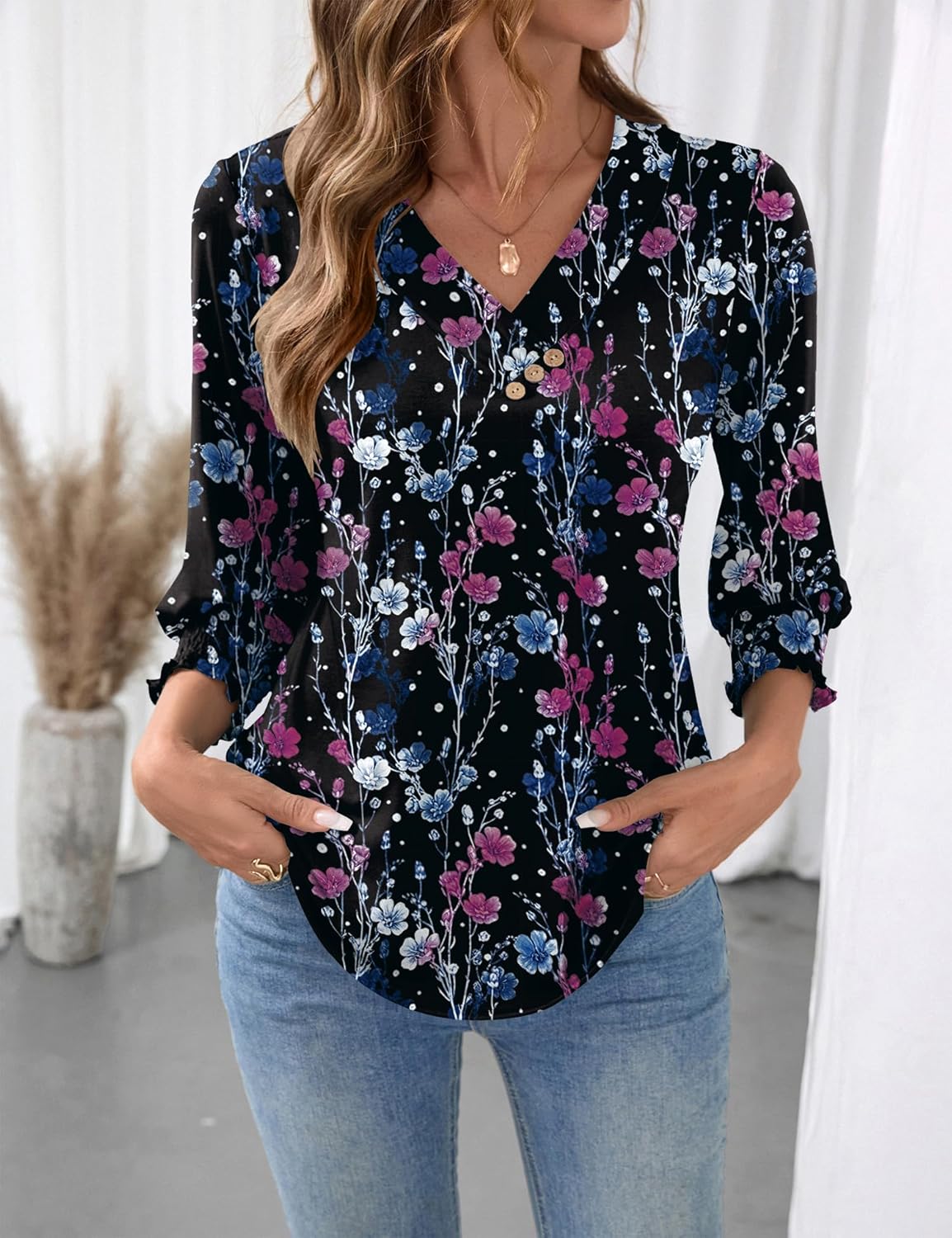 LOMON Blouses for Women Dressy Casual 3/4 Length Sleeve Womens Tops with Buttons Decor - Image 3
