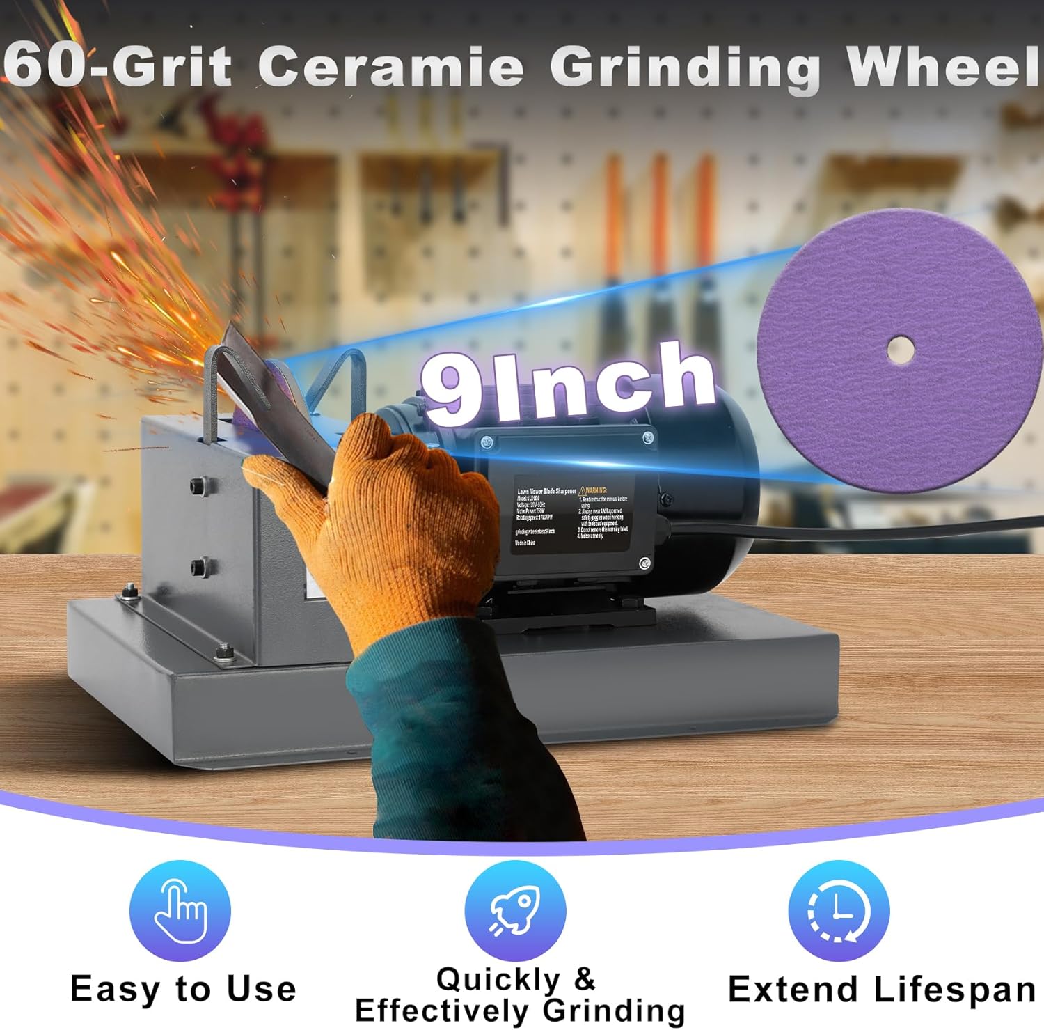 Lawn Mower Blade Sharpener, 1HP 750W Mower Blade Grinder with 9-inch Ceramic Grinding Disc, 2 Pack-9'' Sanding Paper and 40° Bracket for High/Low Lift, Gator & Flat Blades Sharpen