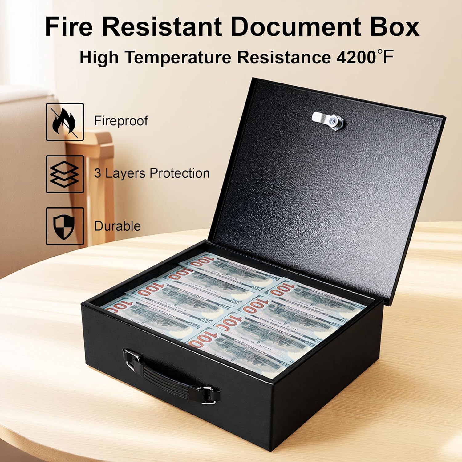 Fireproof Document Box with Key Lock & Fireproof Money Bag, Large Safe Storage Box for Valuables,Fire Resistance Security Chest, Fireproof Box for Documents,Passport, Cash 13.2''x 11''x4.1", Black